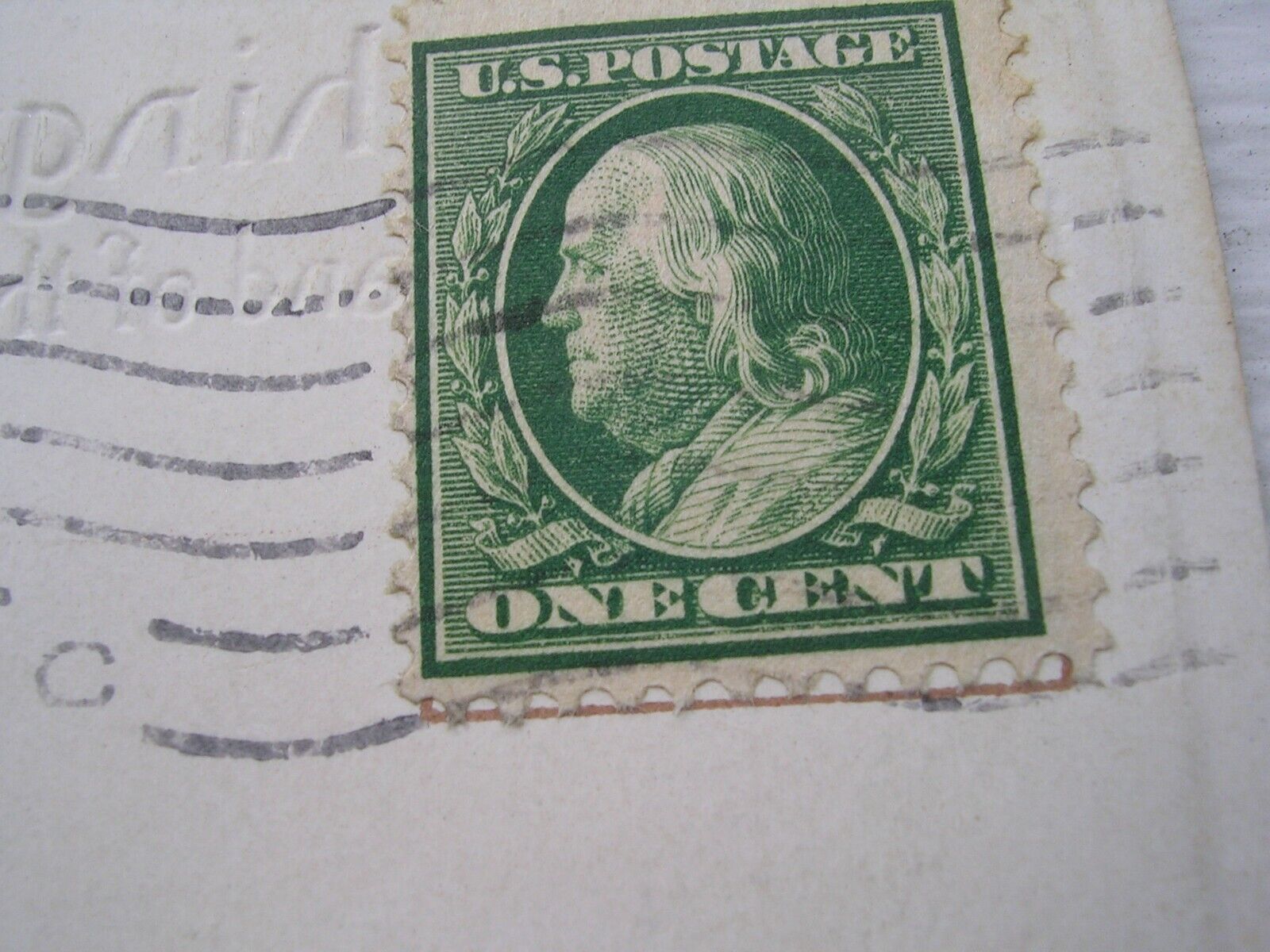 BEN FRANKLIN VINTAGE ONE CENT STAMP "EXTREMELY RARE"-USED . ON POST CARD, 1900S