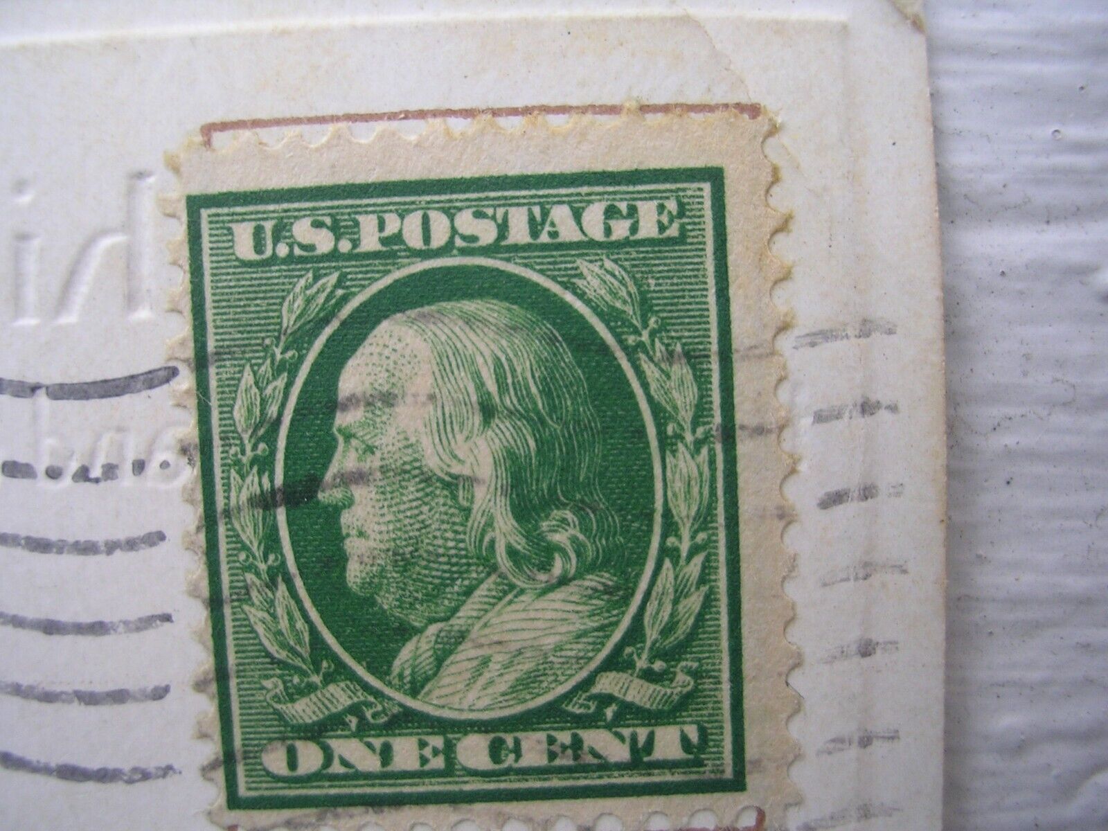 BEN FRANKLIN VINTAGE ONE CENT STAMP "EXTREMELY RARE"-USED . ON POST CARD, 1900S