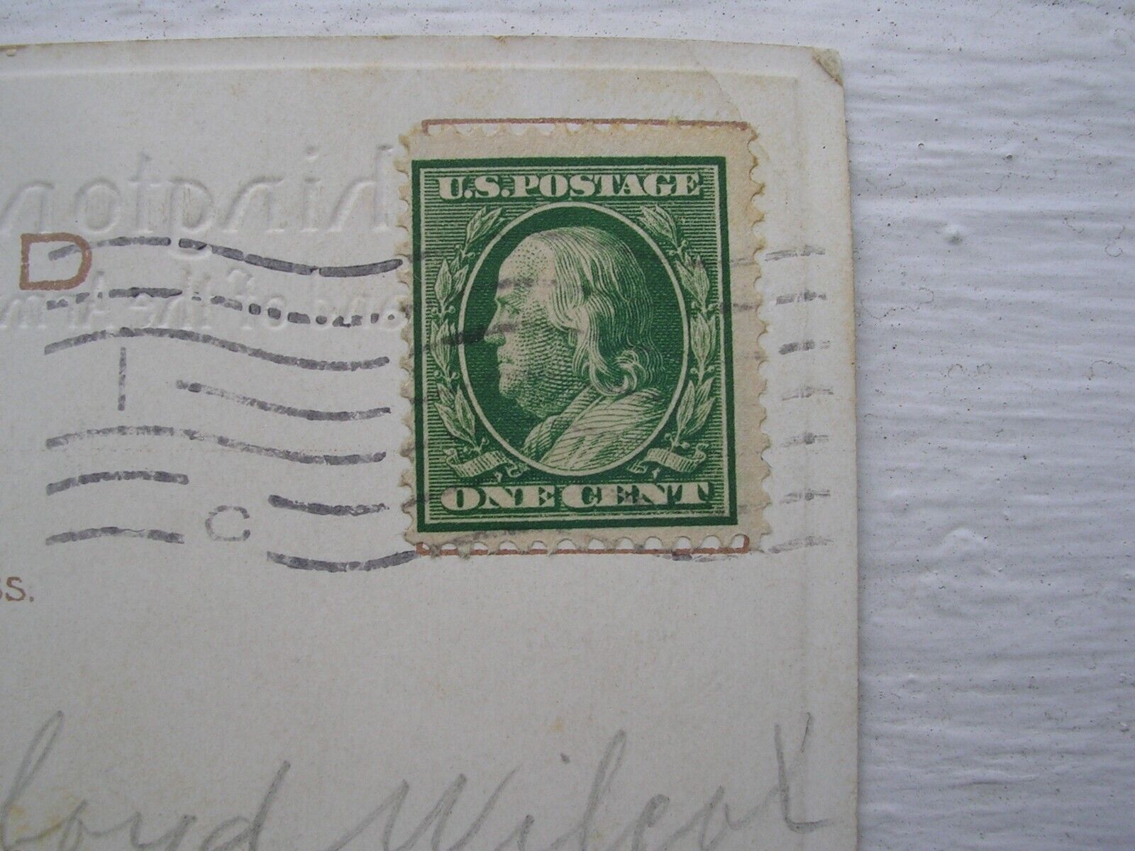 BEN FRANKLIN VINTAGE ONE CENT STAMP "EXTREMELY RARE"-USED . ON POST CARD, 1900S