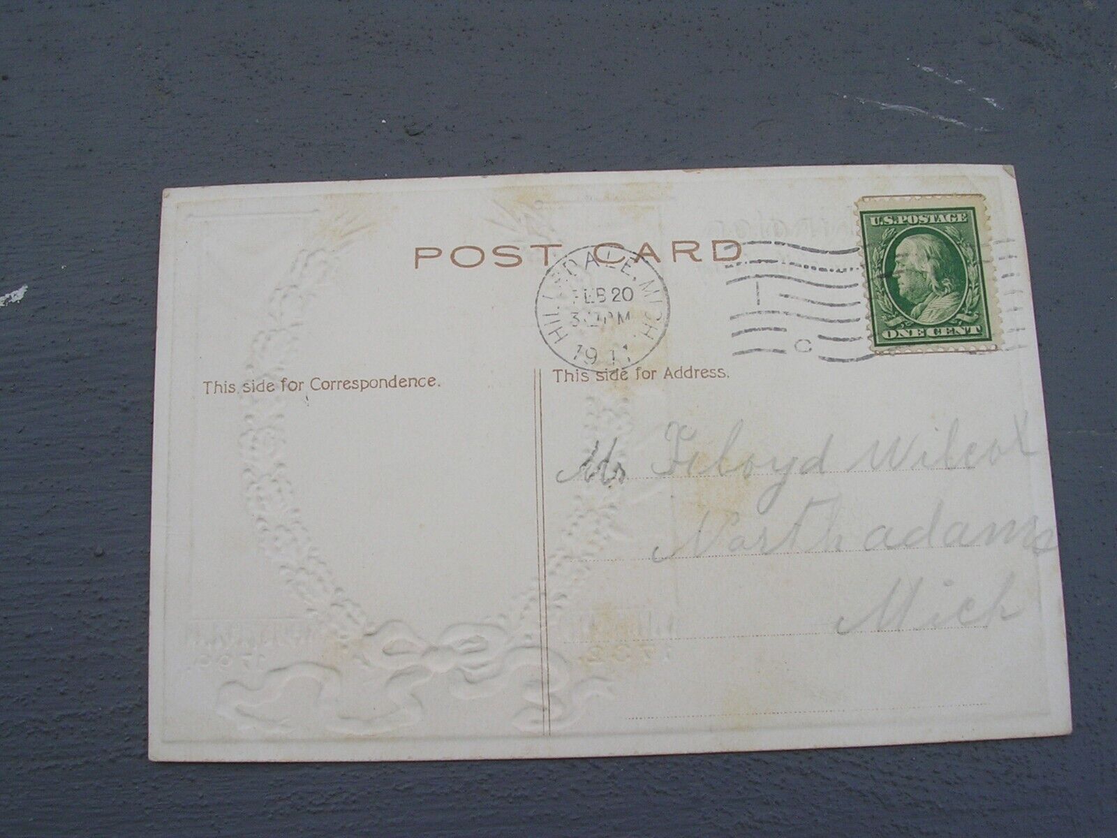 BEN FRANKLIN VINTAGE ONE CENT STAMP "EXTREMELY RARE"-USED . ON POST CARD, 1900S