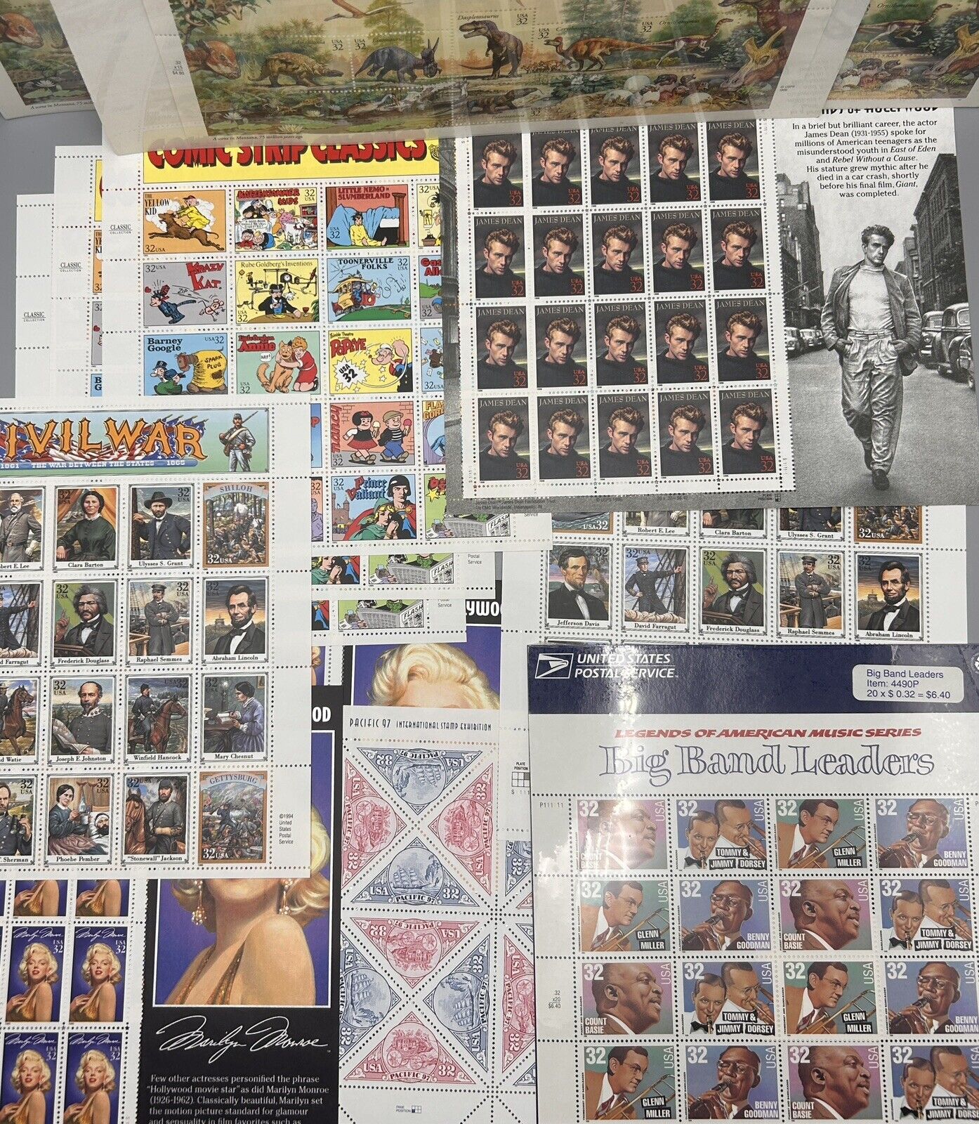 US Stamp Lot MNH Sheets, sealed, mint blocks - Early 1900's 90s 3c - 33c FV $860