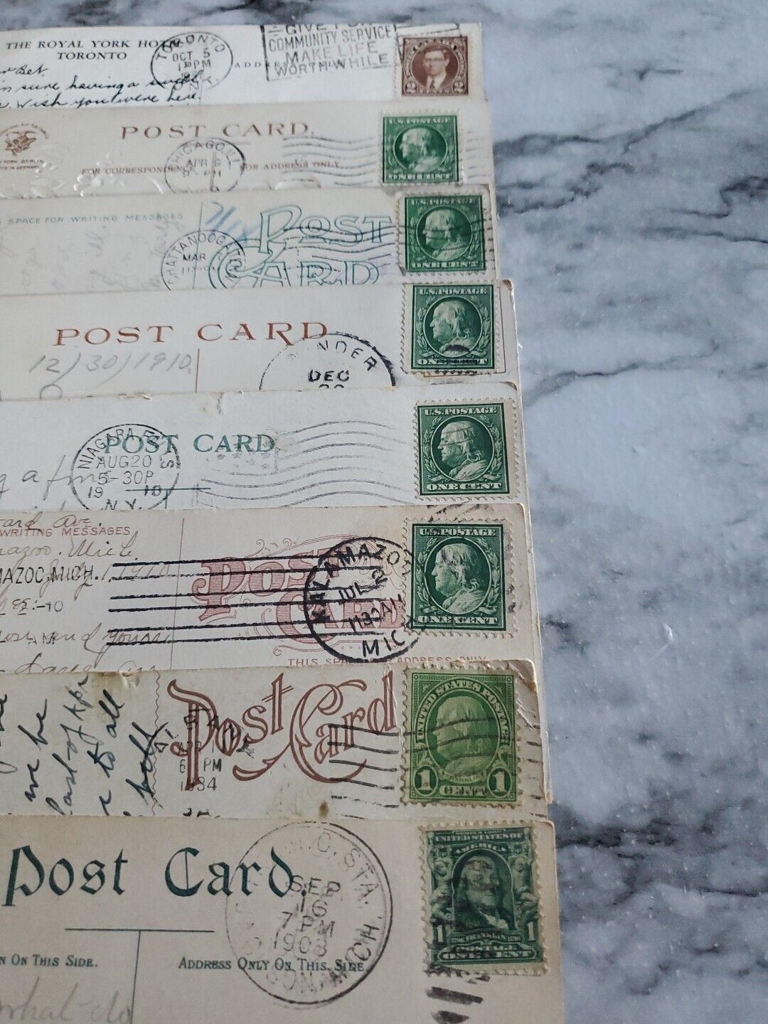 1900's Posted Stamps Lot Qty 7 Ben Franklin 1 Cent Collection Postcards Postage