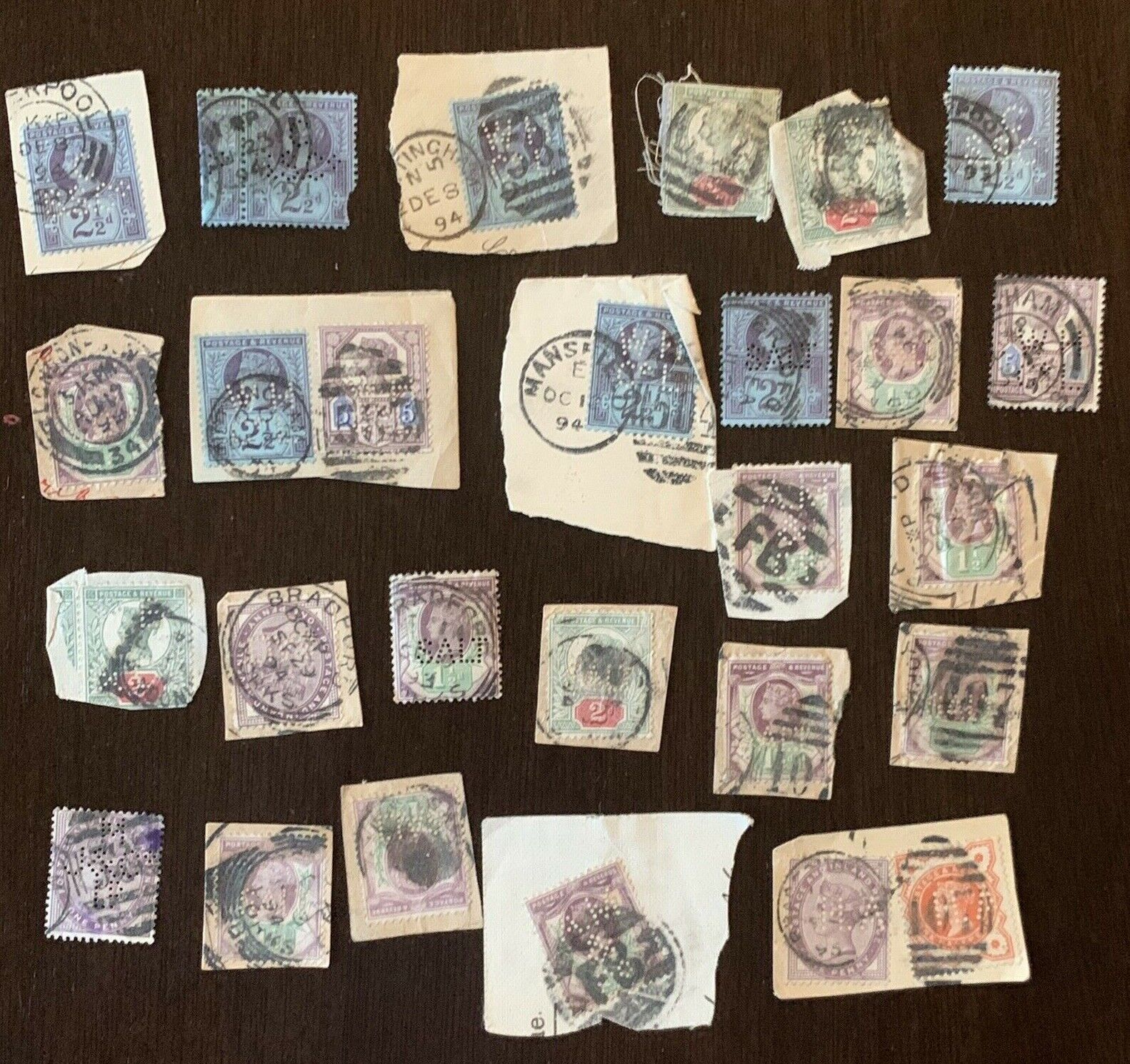 1800's GREAT BRITAIN PERFIN STAMPS ON PAPER OFF PAPER LOT NICE COLLECTION
