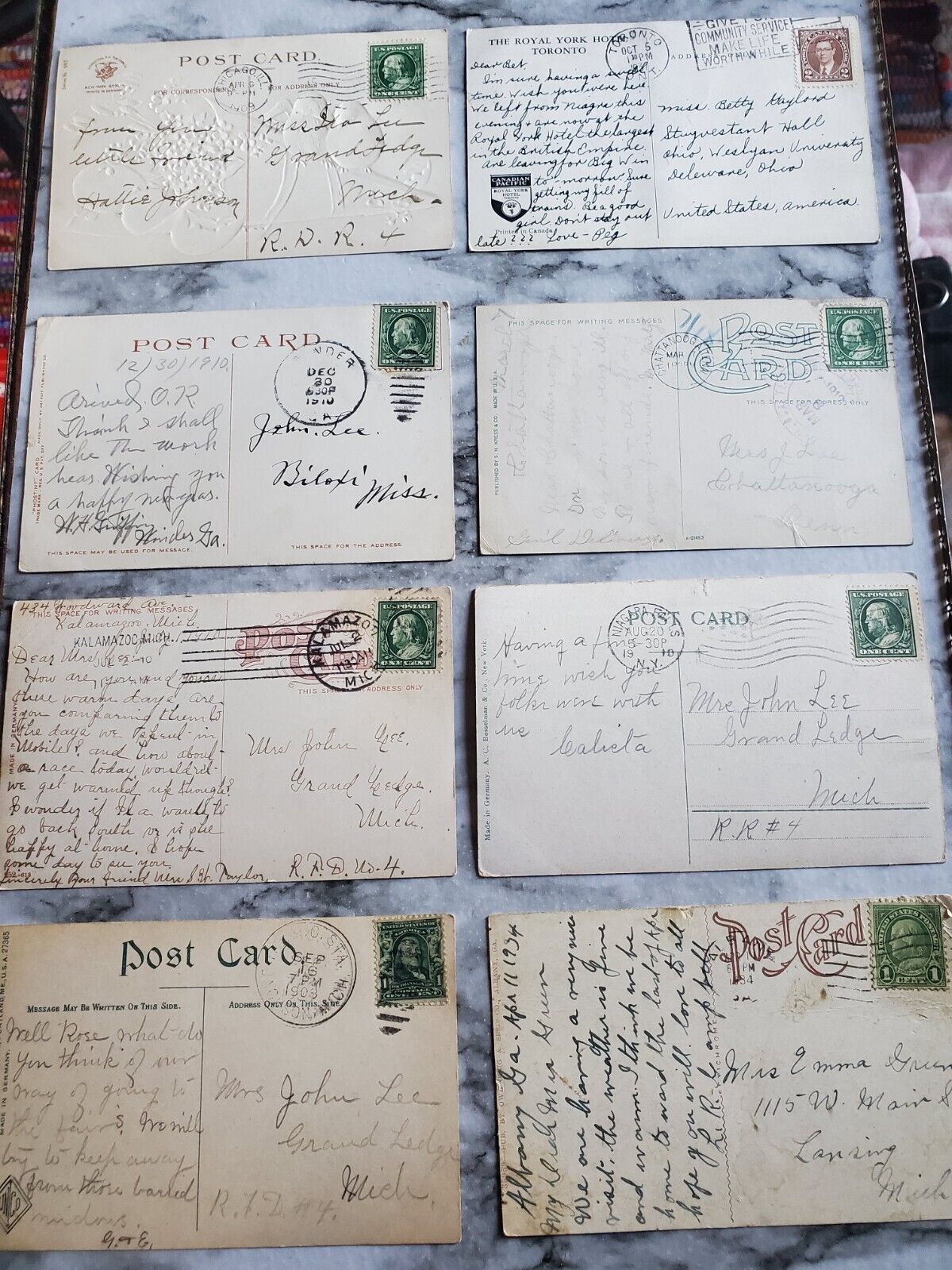 1900's Posted Stamps Lot Qty 7 Ben Franklin 1 Cent Collection Postcards Postage