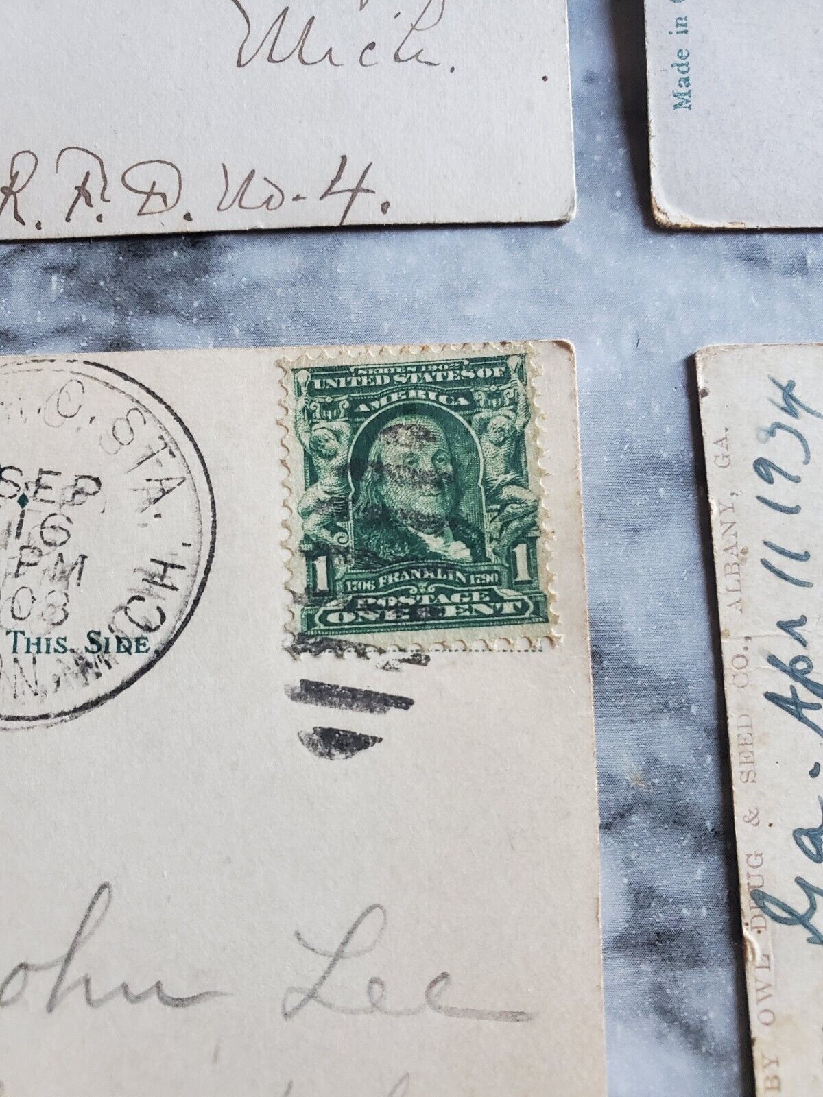 1900's Posted Stamps Lot Qty 7 Ben Franklin 1 Cent Collection Postcards Postage