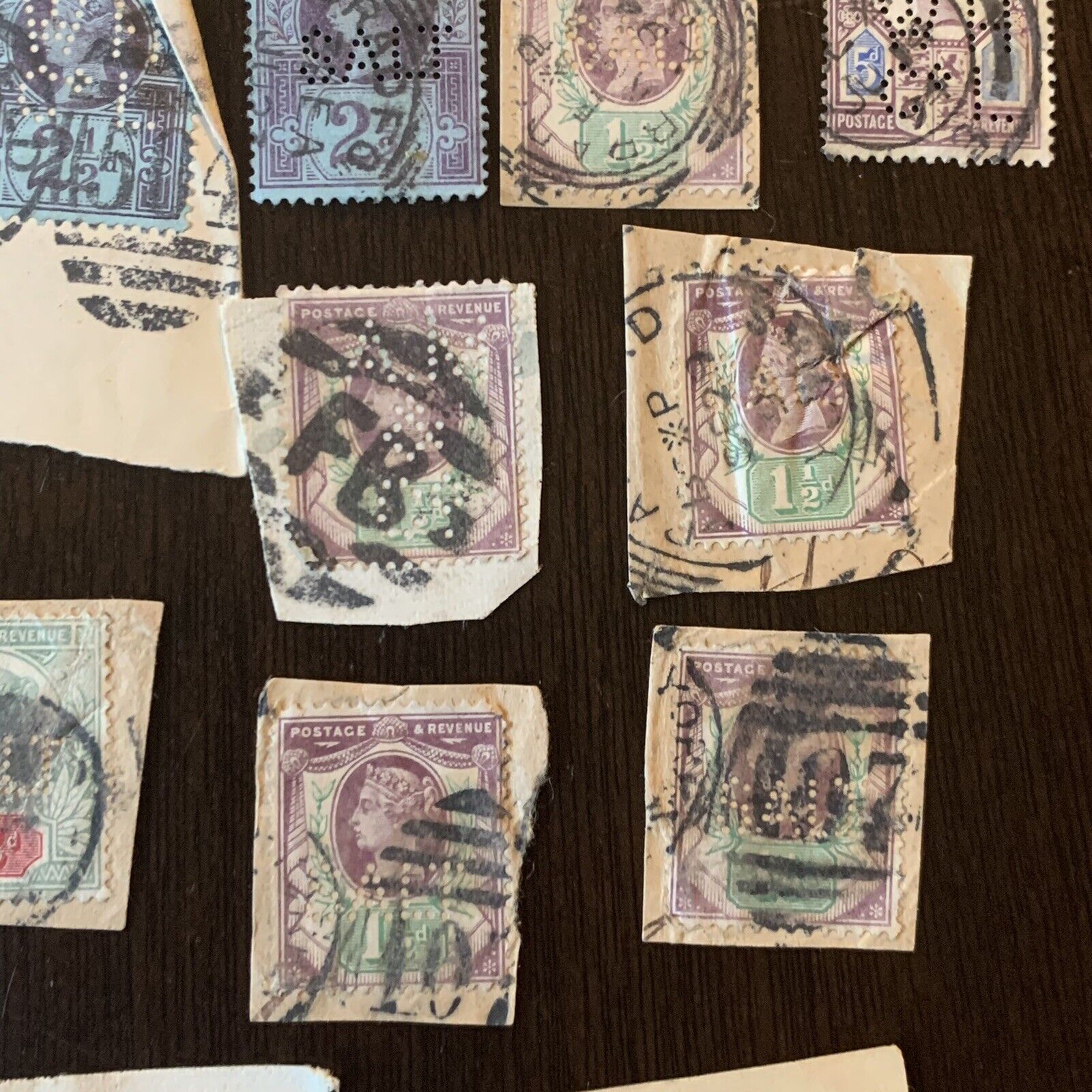 1800's GREAT BRITAIN PERFIN STAMPS ON PAPER OFF PAPER LOT NICE COLLECTION