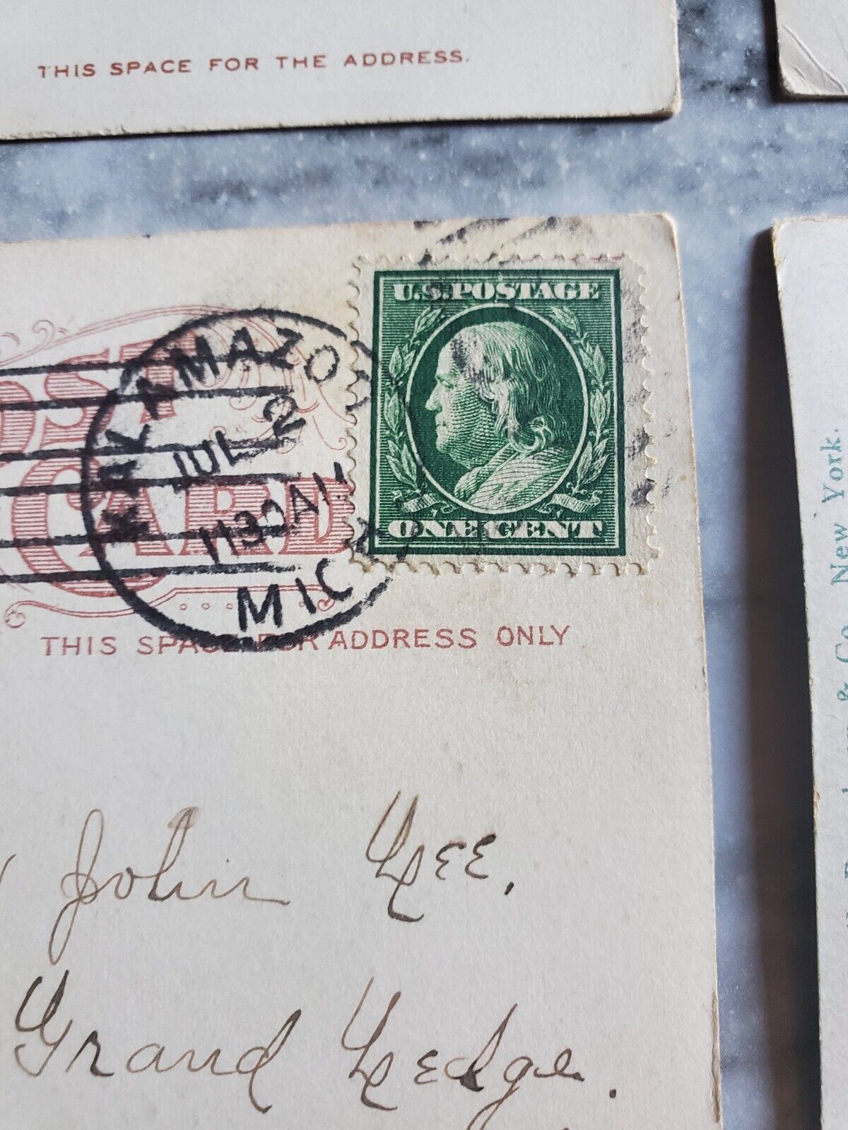 1900's Posted Stamps Lot Qty 7 Ben Franklin 1 Cent Collection Postcards Postage