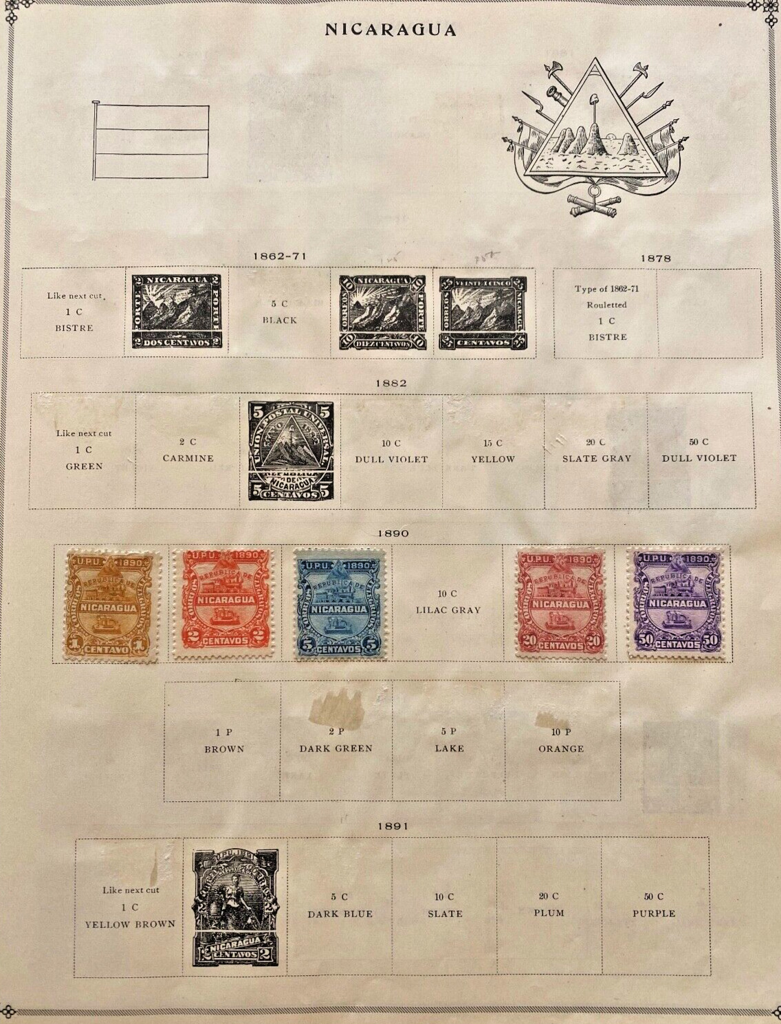 WW Stamps Nicaragua 1800s Stamps Hinged on Album Pages CV$$ Many Bobs