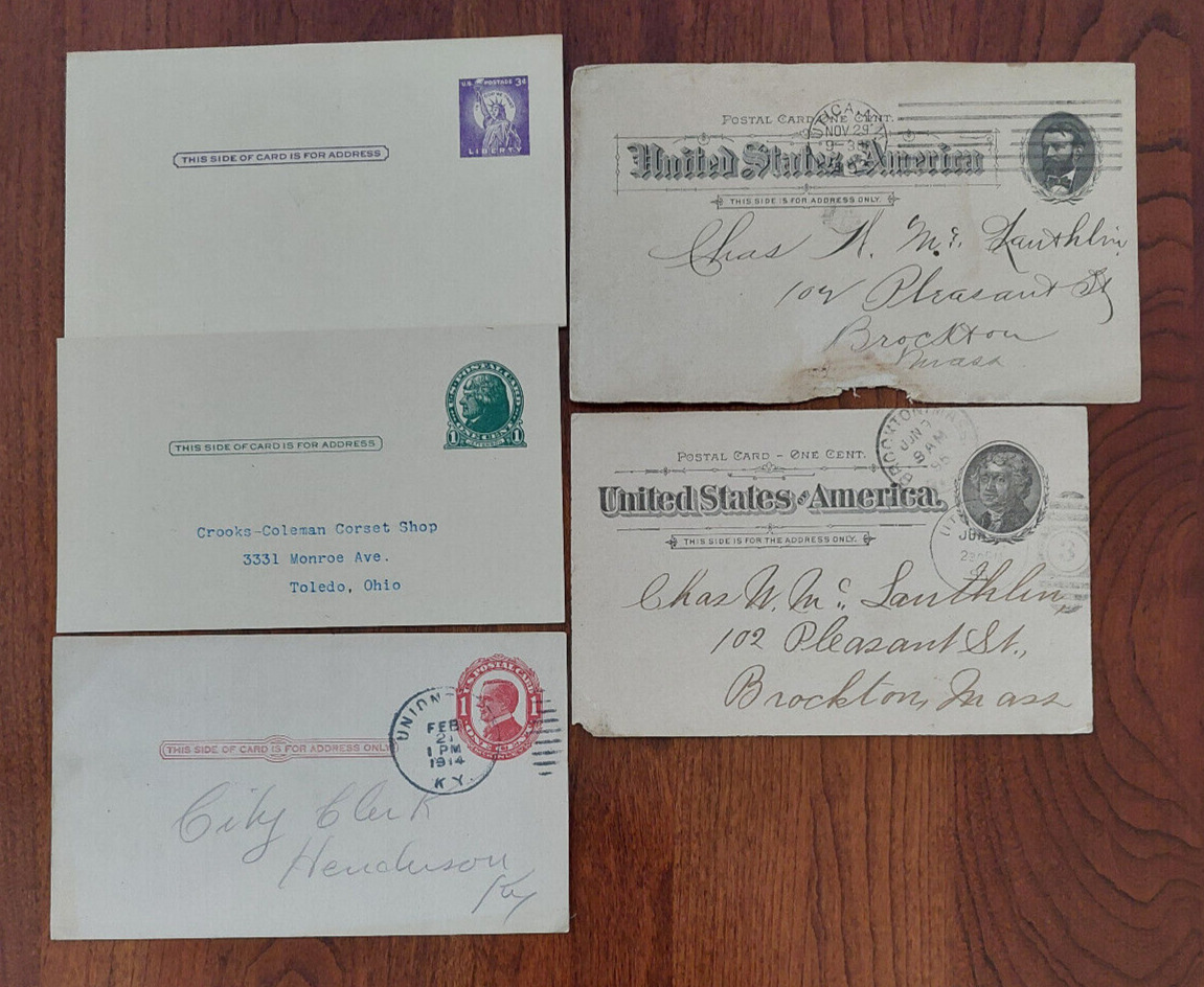 5 vintage US postal cards lot (late 1800's - early 1900's); 5 different types