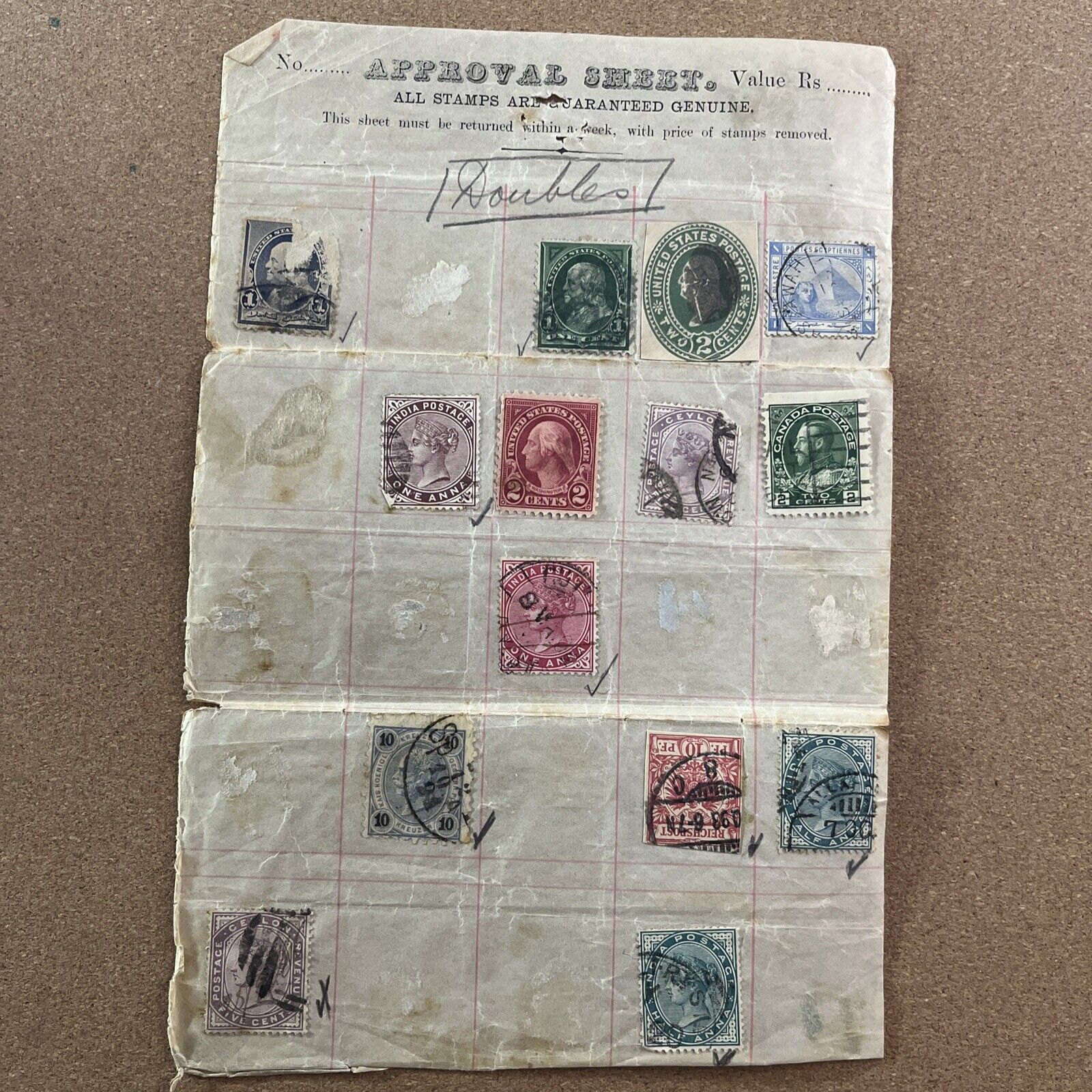 VINTAGE STAMP LOT (14)Vintage Approval Sheet  1800’s Franklin Egypt S1E