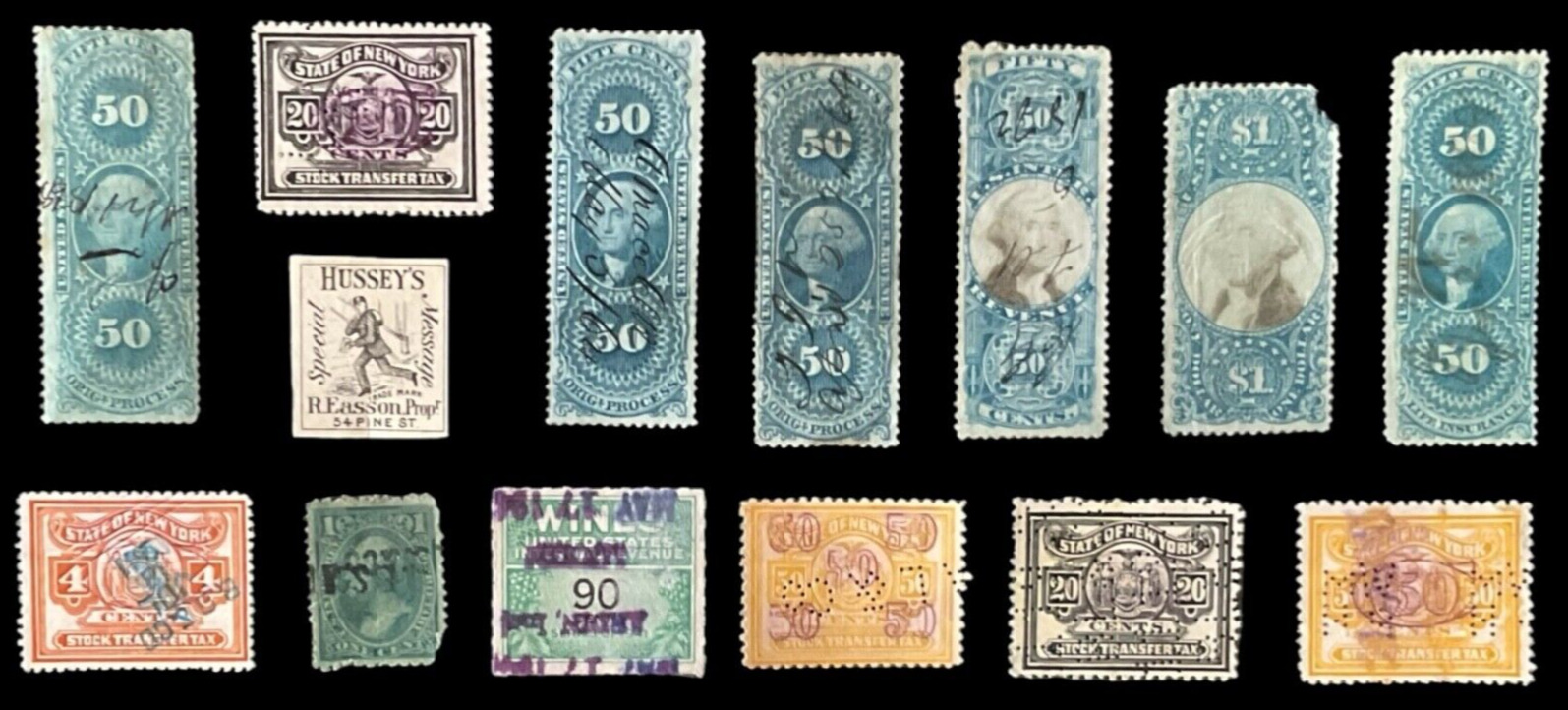 1800s - 1900s Different Varieties of Used Old USA TAX REVENUE Stamps — Hinged/UH