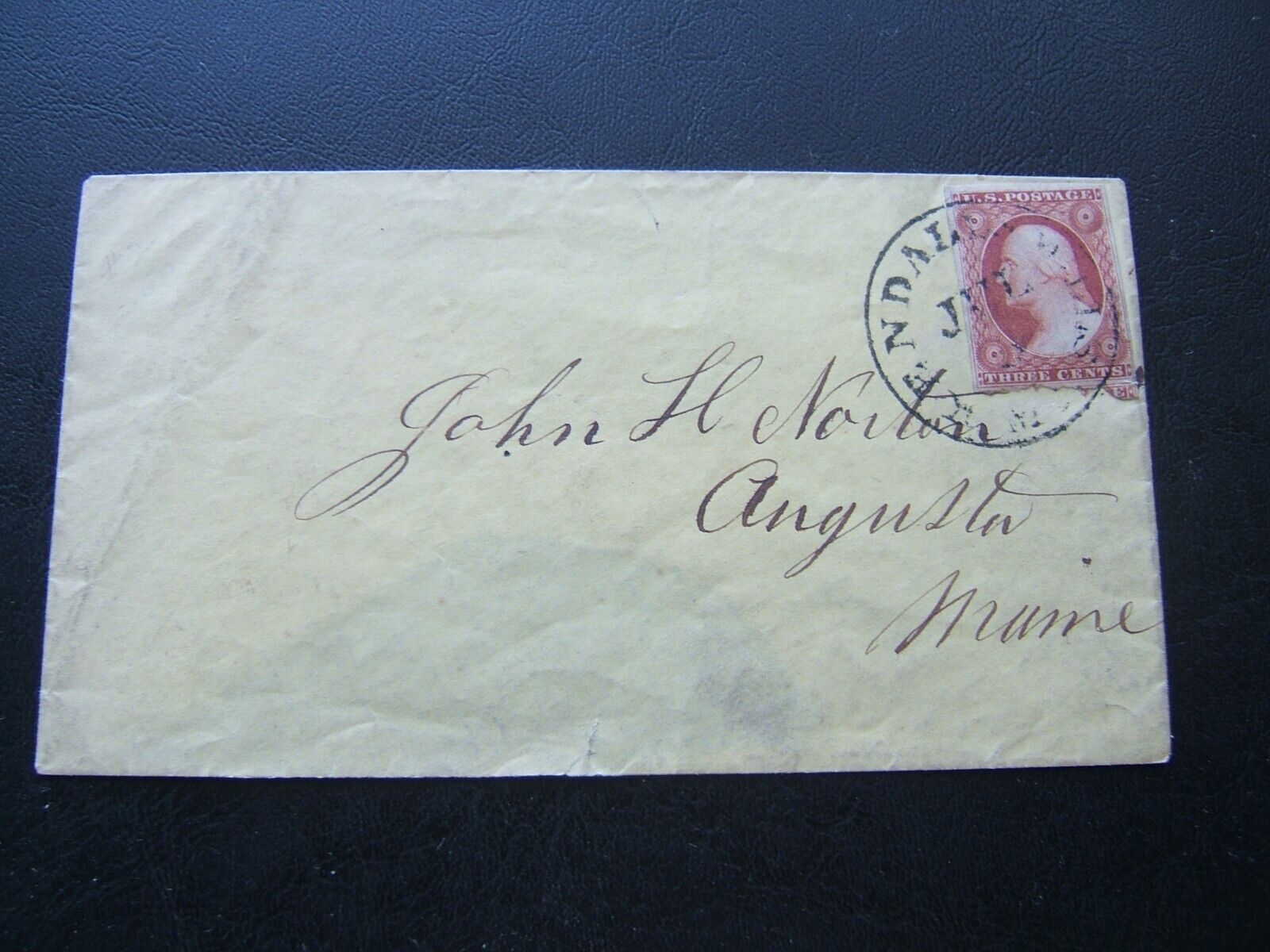 1850s SCOTT #10 OR #11, JULY CANCEL, 4 MARGINS, 1800s MAINE DPO, YELLOW ENVELOPE