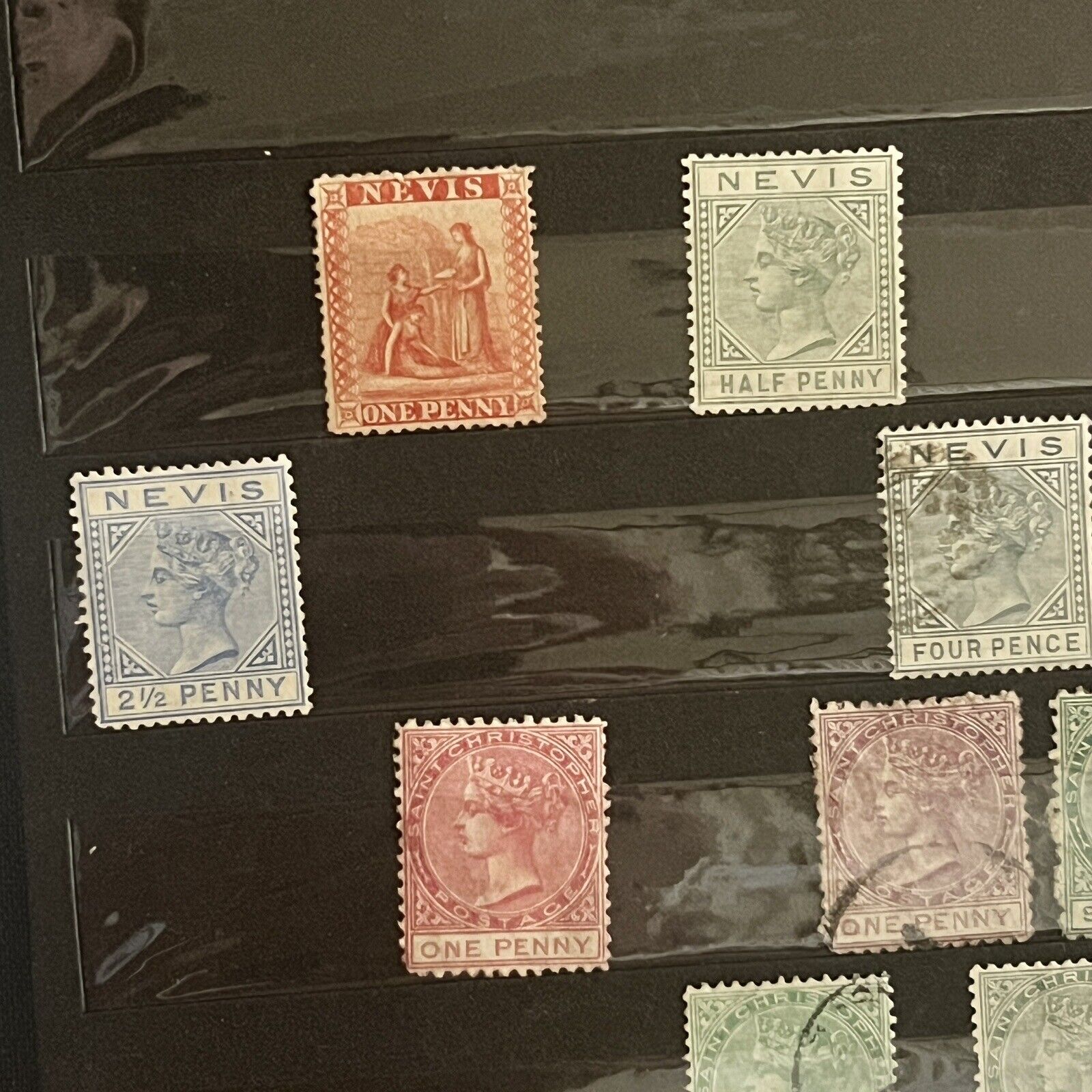 1800s - MID 1900s ST. KITTS & NEVIS MINT USED STAMPS IN STOCK PAGE KGV VICTORIA