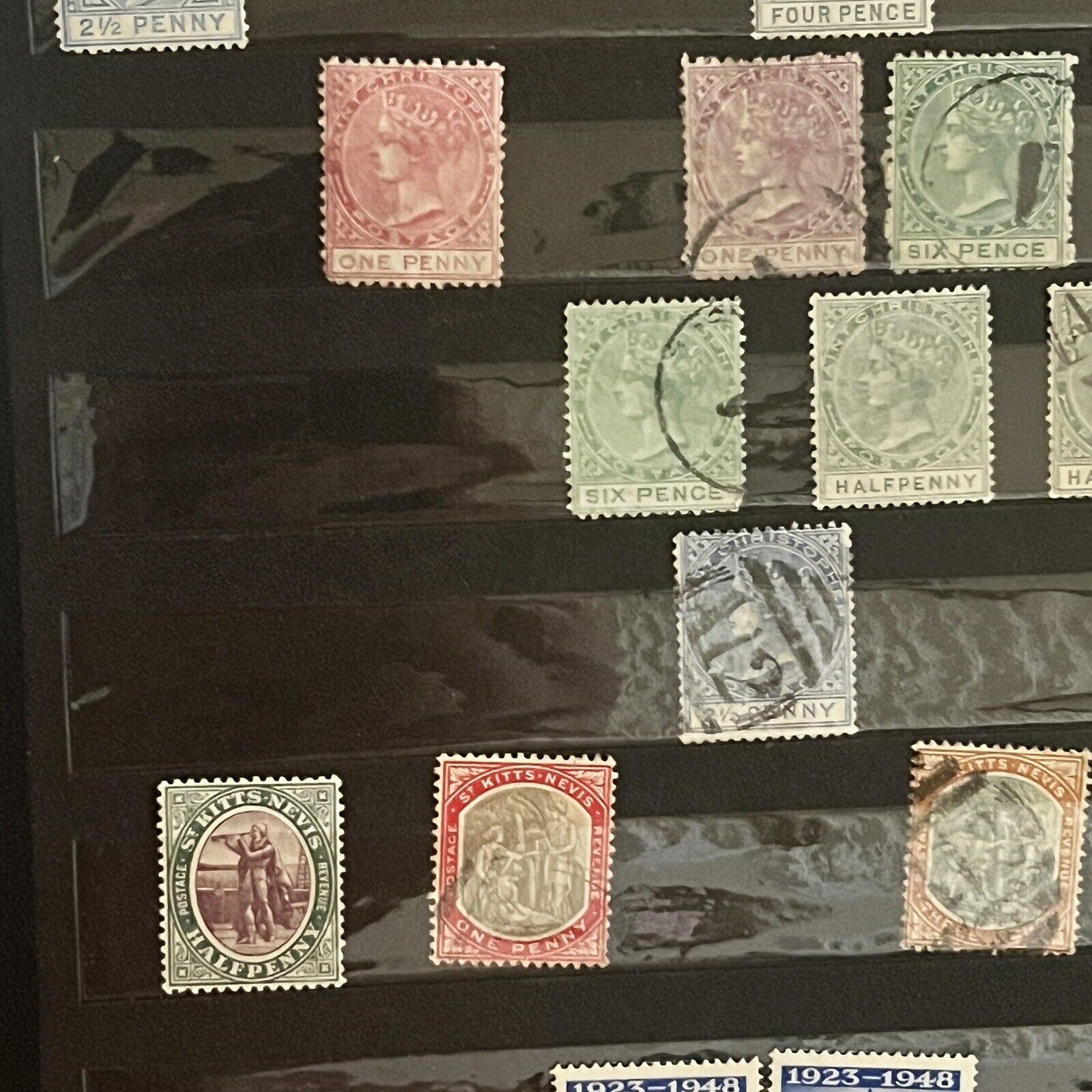 1800s - MID 1900s ST. KITTS & NEVIS MINT USED STAMPS IN STOCK PAGE KGV VICTORIA