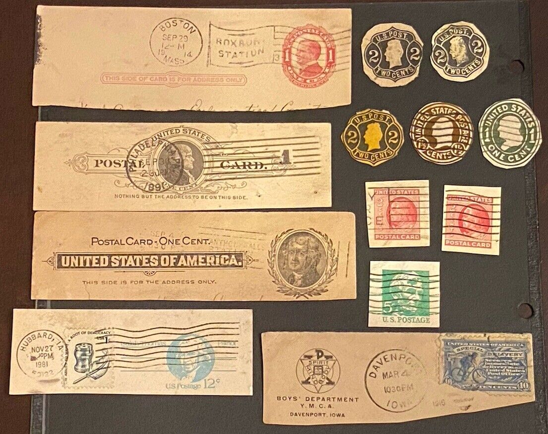 US STAMPS-BOB-POSTCARD CUT CORNERS-USED (13) TOTAL-1800’s TO 1981. CUT-TO-SHAPE