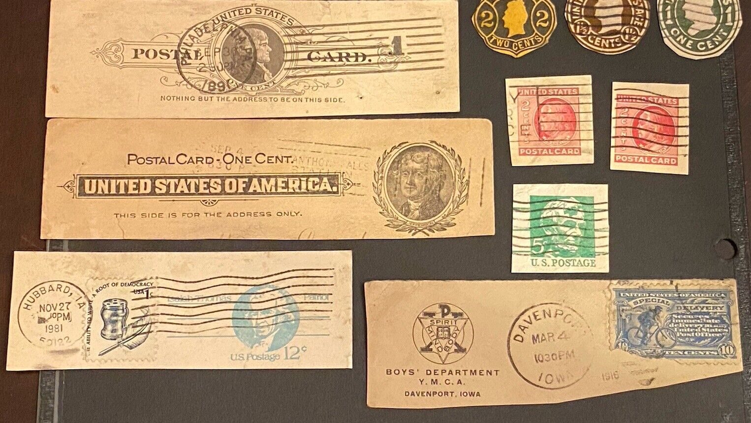 US STAMPS-BOB-POSTCARD CUT CORNERS-USED (13) TOTAL-1800’s TO 1981.  CUT-TO-SHAPE