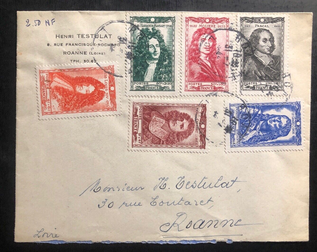 1944 France First Day Cover FDC To Roanne Celebrities Of 17th Century