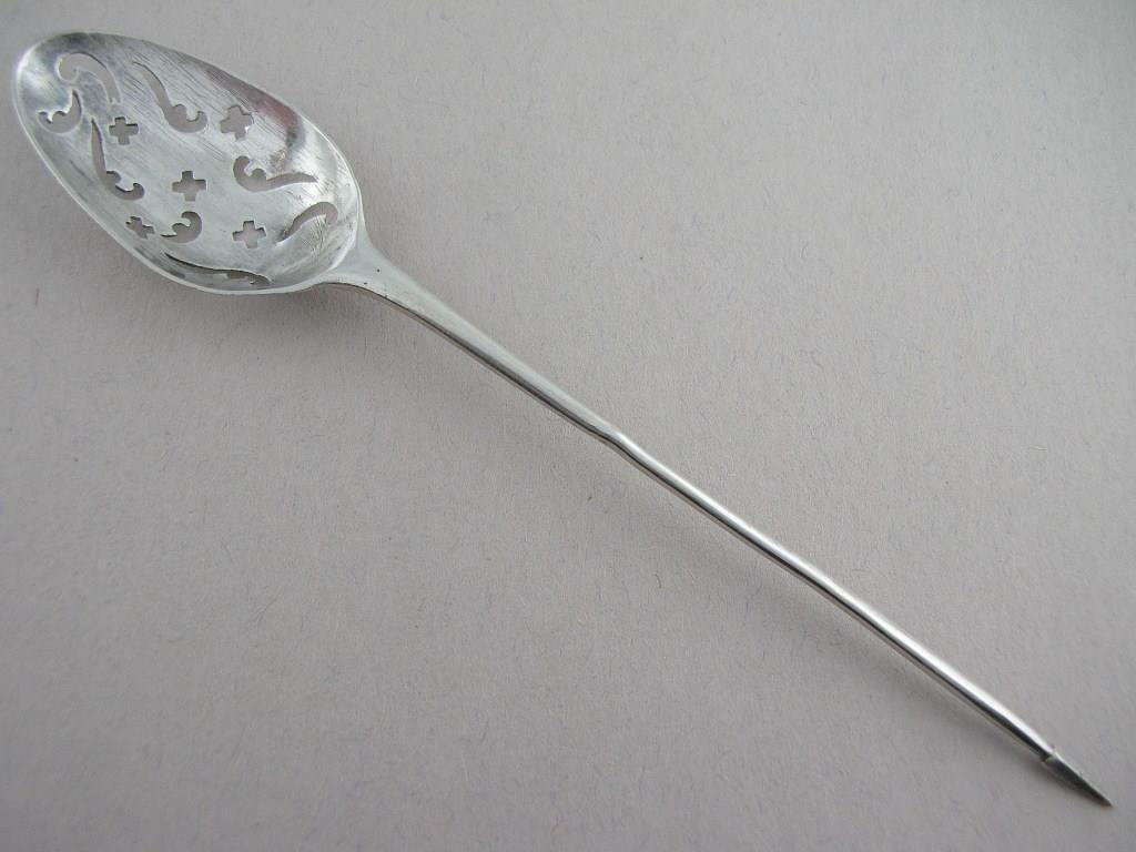 Early Silver Mote Spoon maker ? double stamp 1700's English or American Coin