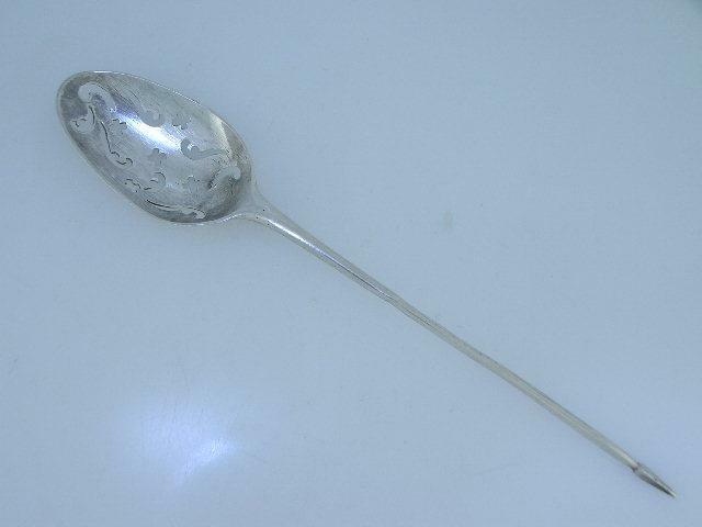 Early Silver Mote Spoon maker ? double stamp 1700's English or American Coin