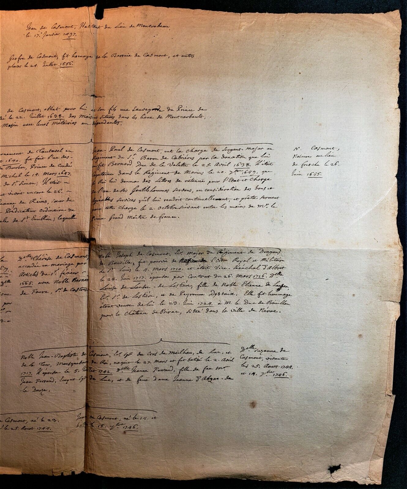 NOBLE FAMILY DE CASMONT FROM GUEYENNE TREE Manuscript Stamped with d'Hozier Seal