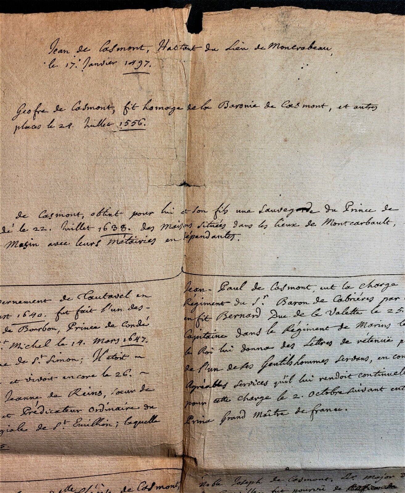 NOBLE FAMILY DE CASMONT FROM GUEYENNE TREE Manuscript Stamped with d'Hozier Seal