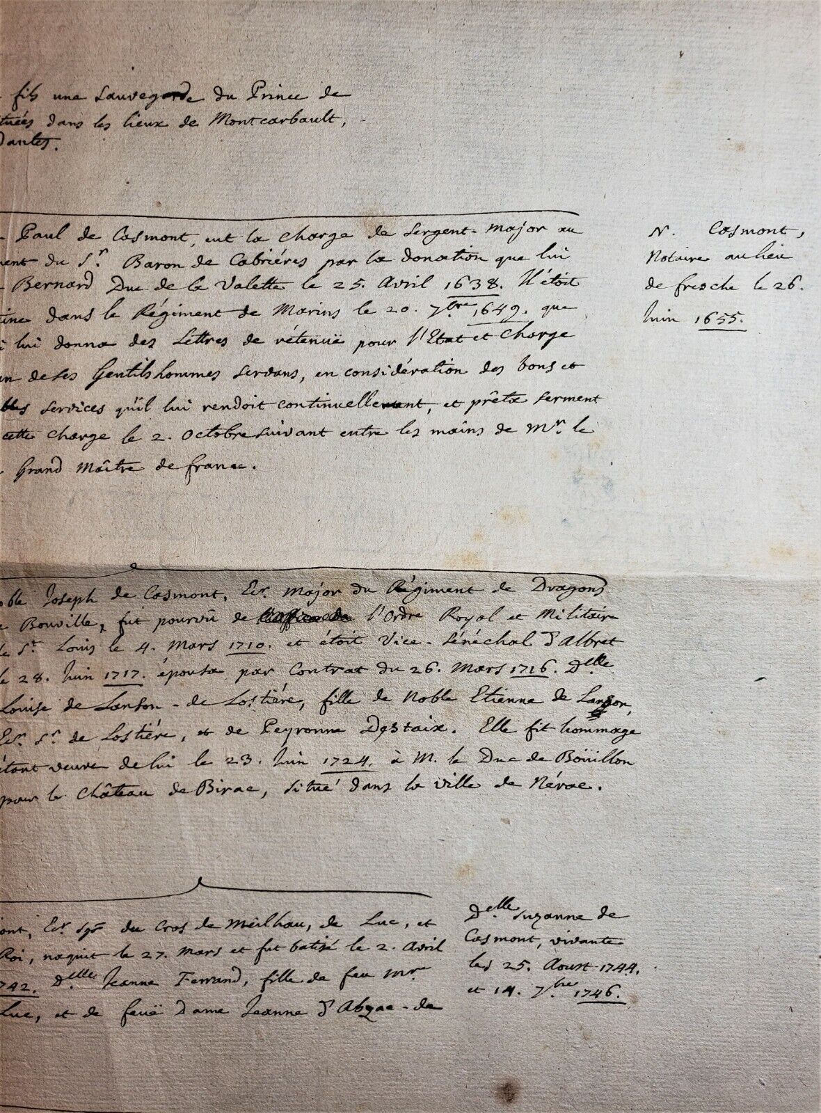 NOBLE FAMILY DE CASMONT FROM GUEYENNE TREE Manuscript Stamped with d'Hozier Seal