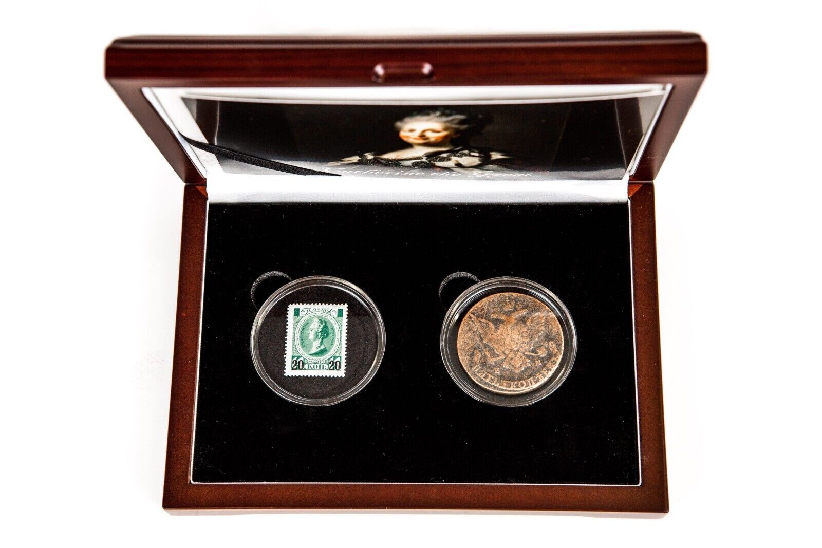 Catherine the Great Collector's Box (5 Kopek Copper Coin 1775 and CTG Stamp) 