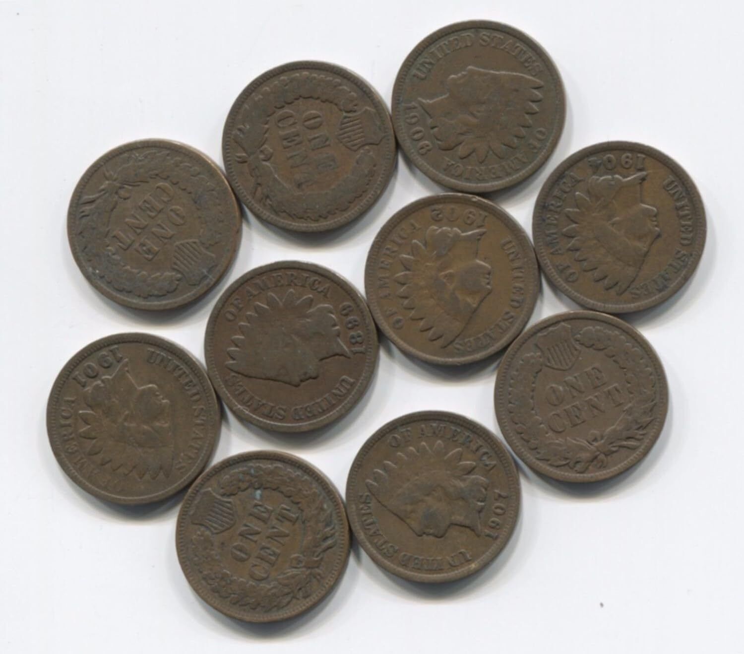 Indian Head Pennies 10 Coin Lot with 2 pre-1900’s