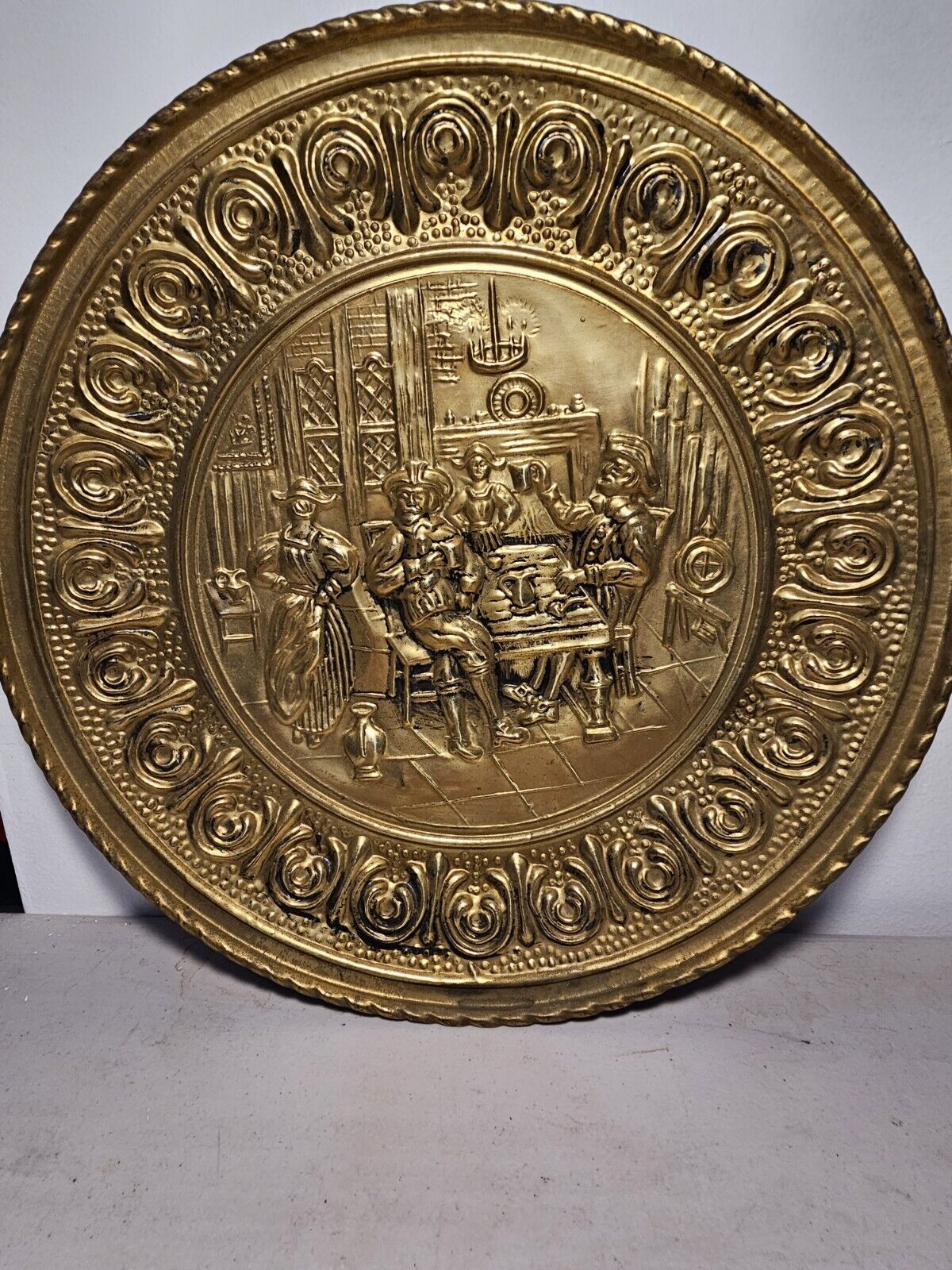 Pair of Vintage Stamped Round Brass Wall Hangings 1700's Tavern Pub Scenes