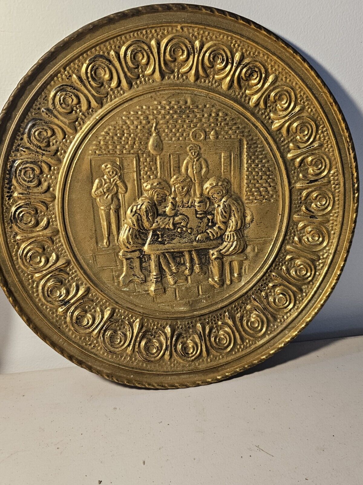 Pair of Vintage Stamped Round Brass Wall Hangings 1700's Tavern Pub Scenes