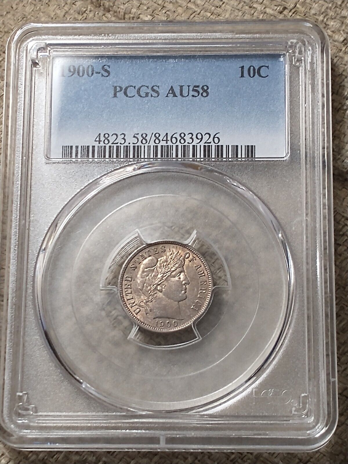 1900-S Silver Barber Dime, PCGS AU58, Light Golden Toning, Strong Strike