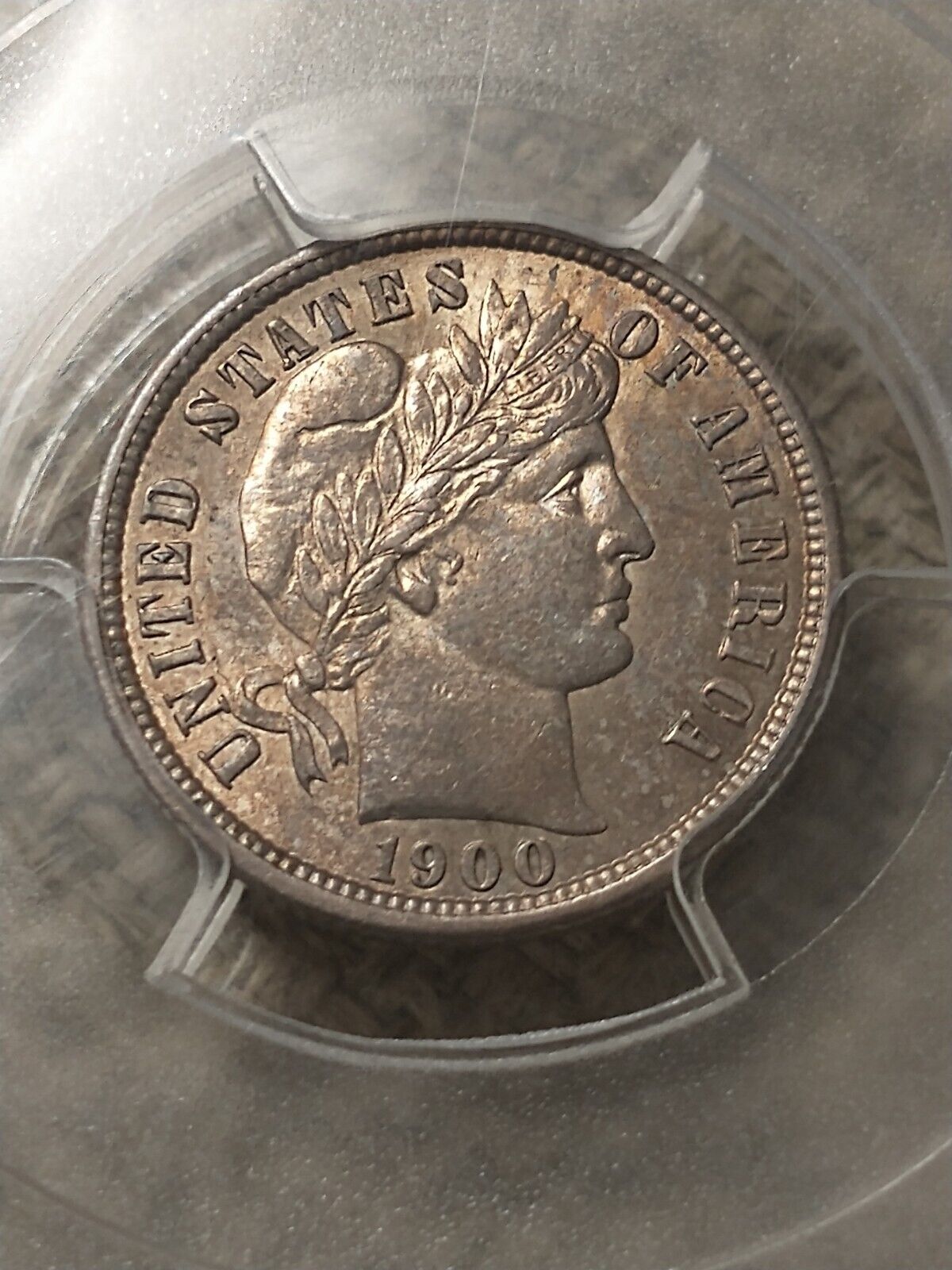 1900-S Silver Barber Dime, PCGS AU58, Light Golden Toning, Strong Strike