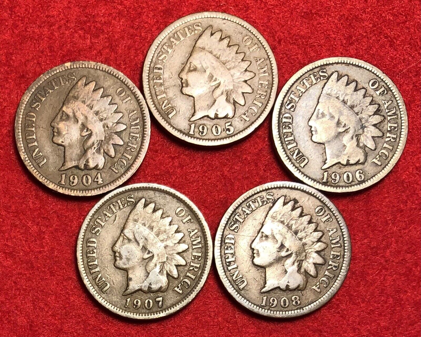 (5) Vintage Indian Head Pennies 1 Cent US Coins Penny Lot 1900s Good or Better!