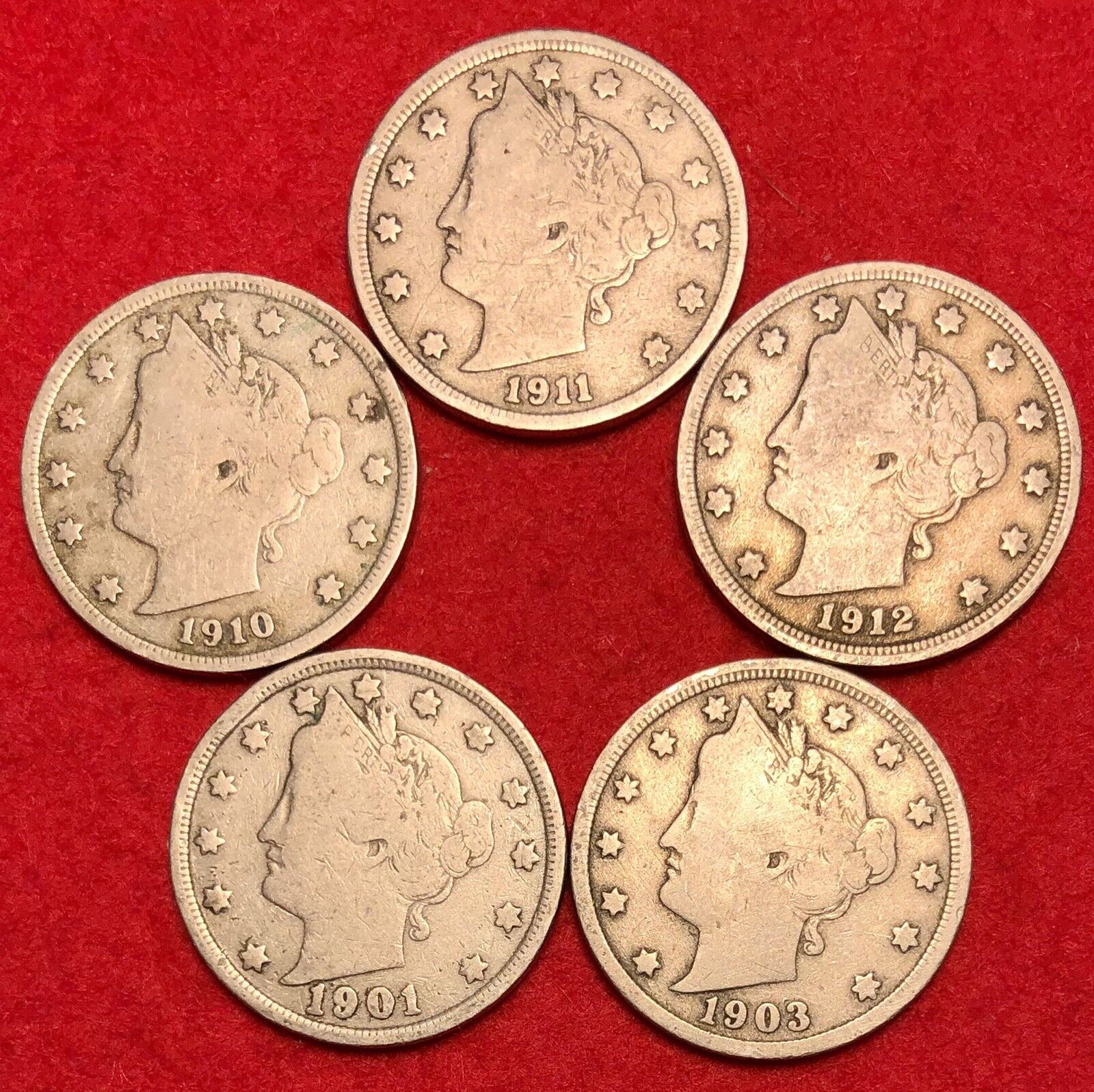 (5) 1900s Liberty Head V Nickels Vintage US Coins VG or Better Different Years