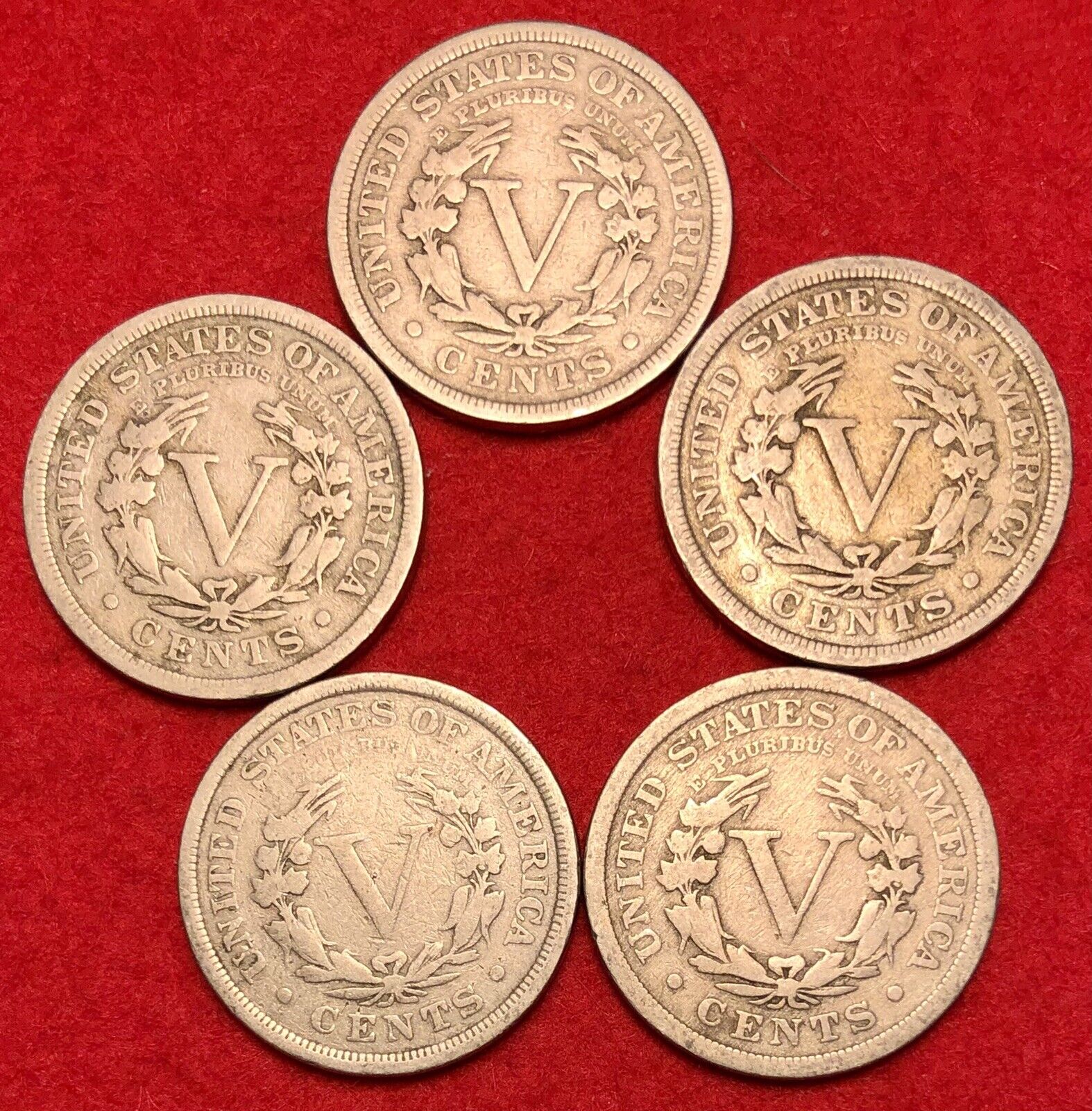 (5) 1900s Liberty Head V Nickels Vintage US Coins VG or Better Different Years