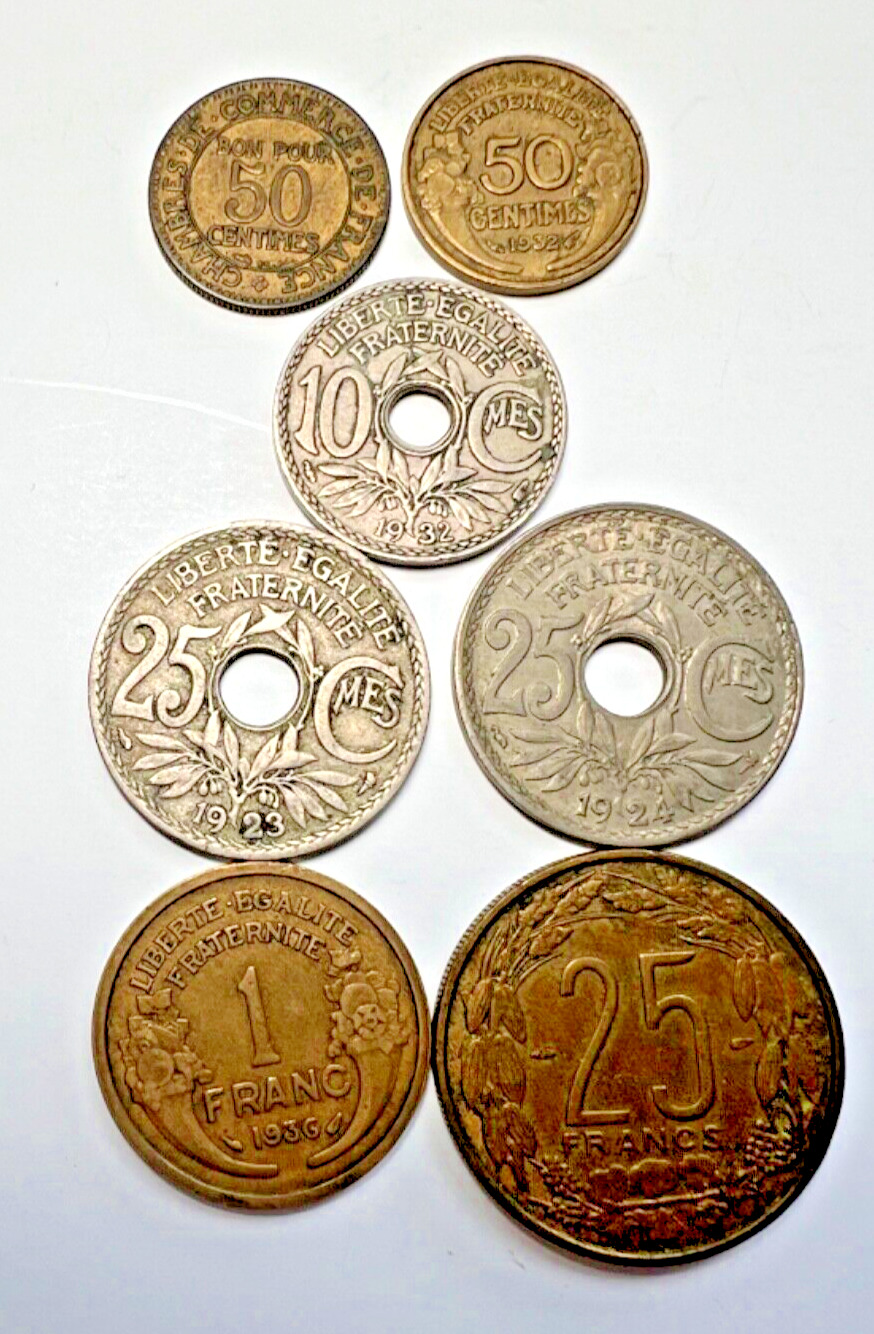 France Lot of 7 Franc Coins with Hole in Center 1900s