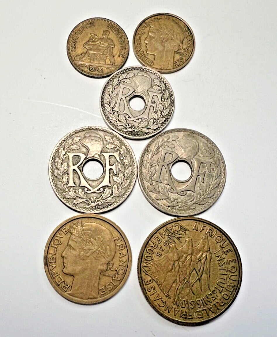 France Lot of 7 Franc Coins with Hole in Center 1900s