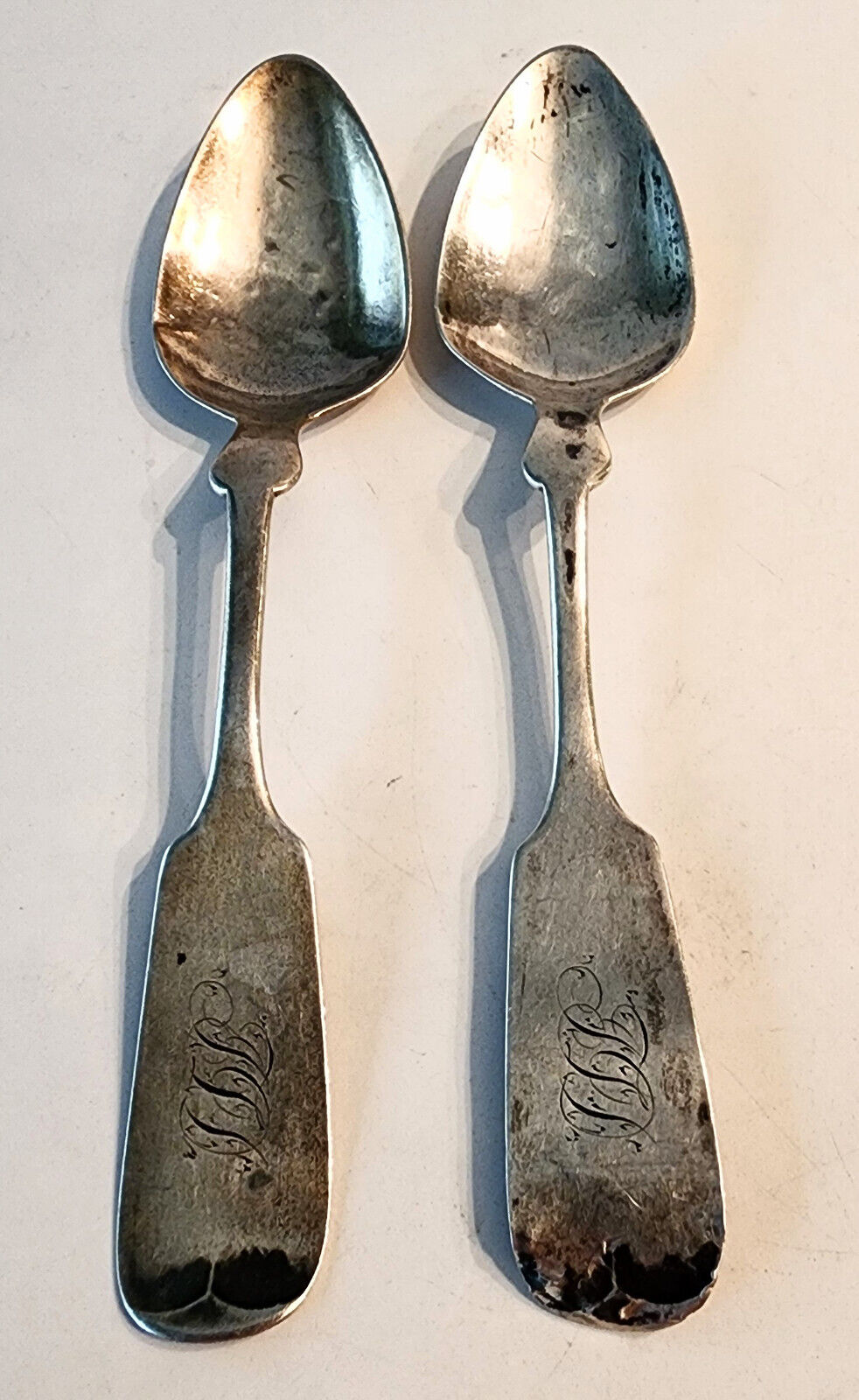 2 Antique 1800's Coin Silver Spoons by J W Moir Fiddle Pattern * New York