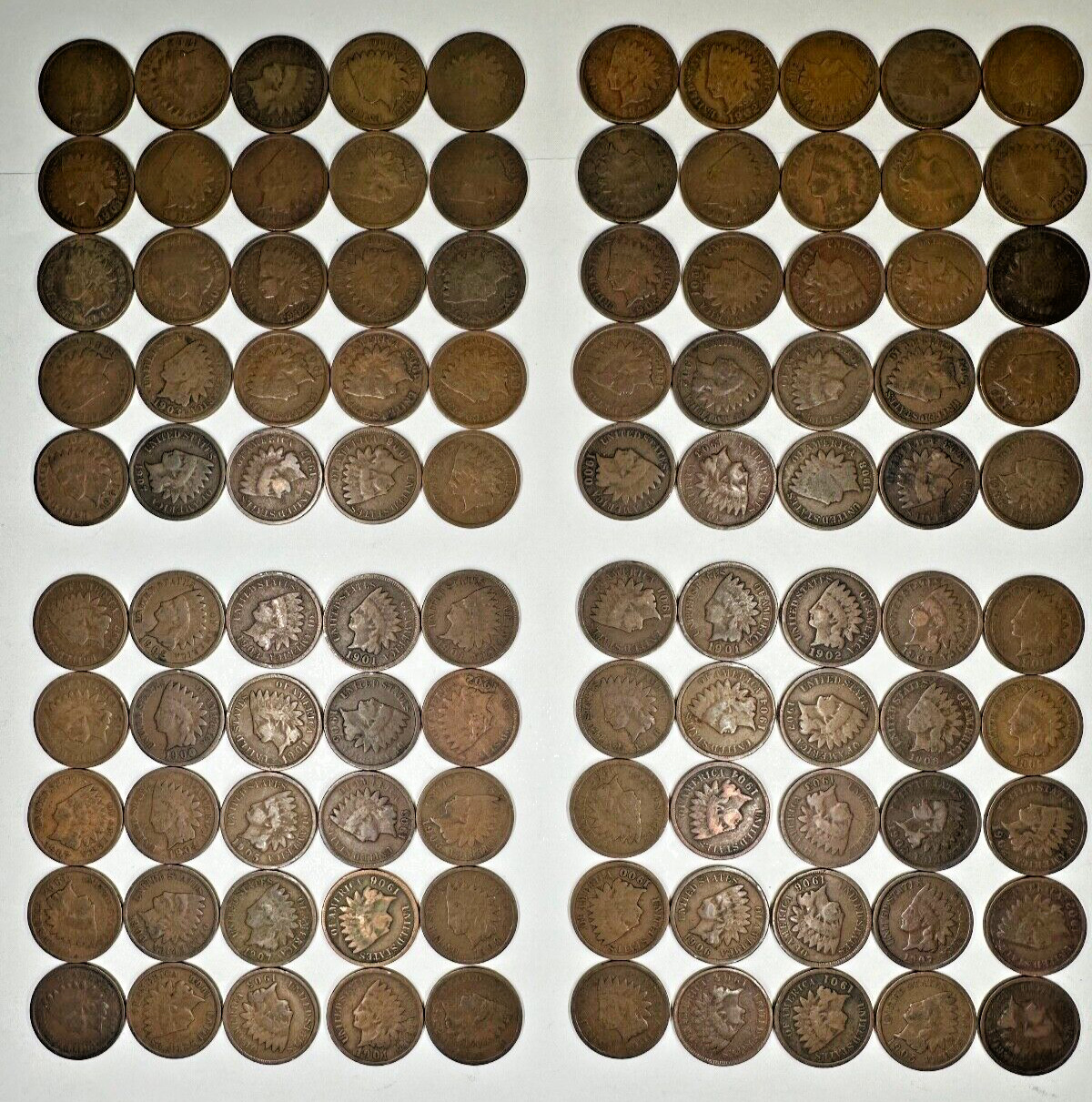 Lot Indian Head Cent Penny 100 Pennies 2 Rolls ALL Post 1900 DECENT 1900’s Coins