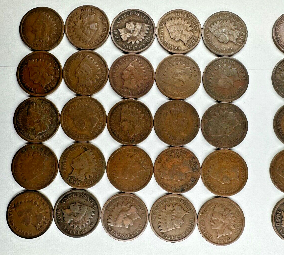 Lot Indian Head Cent Penny 100 Pennies 2 Rolls ALL Post 1900 DECENT 1900’s Coins