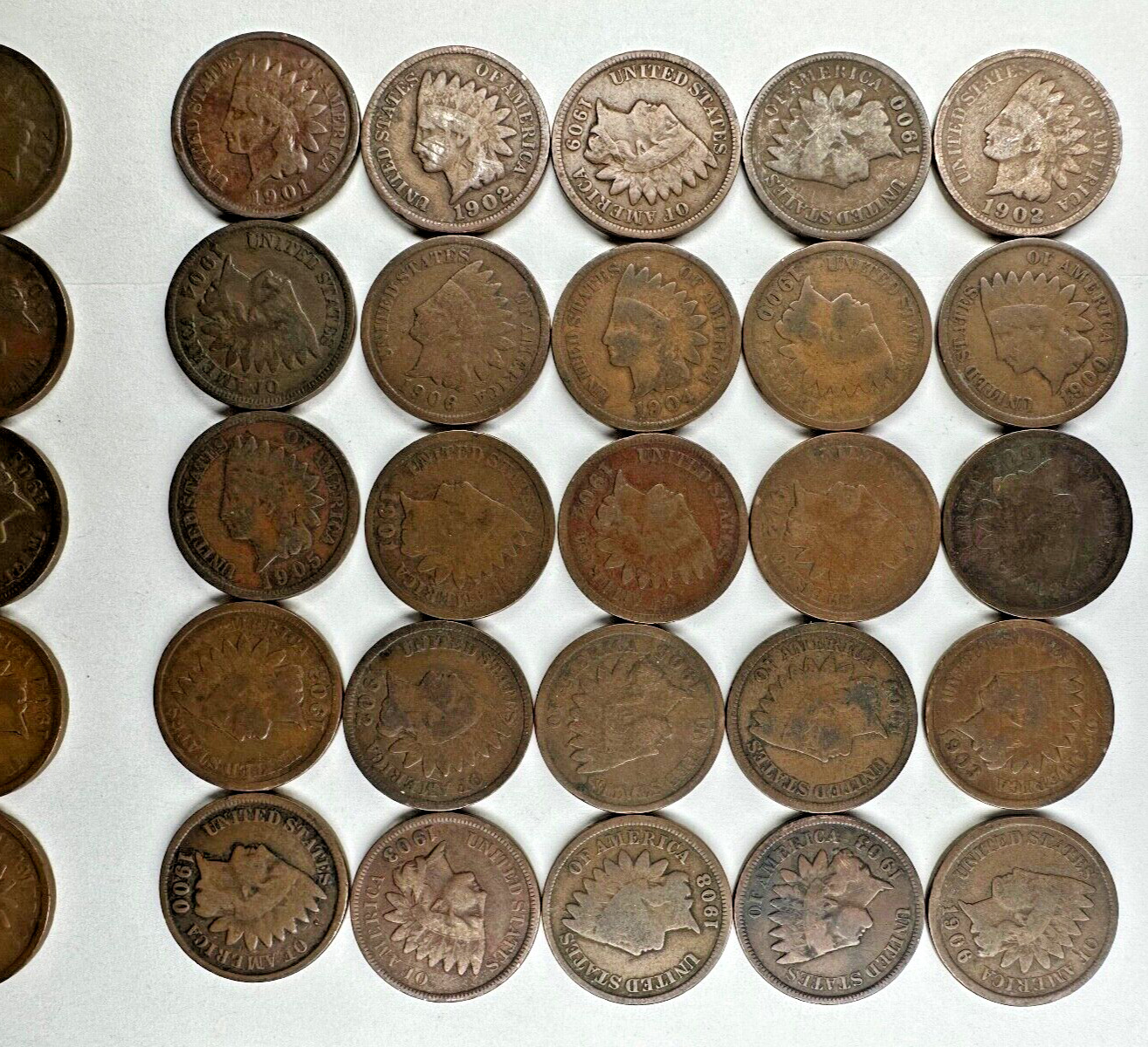 Lot Indian Head Cent Penny 100 Pennies 2 Rolls ALL Post 1900 DECENT 1900’s Coins