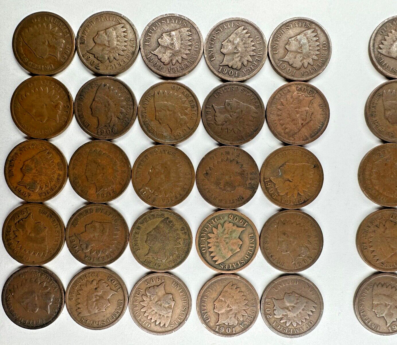 Lot Indian Head Cent Penny 100 Pennies 2 Rolls ALL Post 1900 DECENT 1900’s Coins