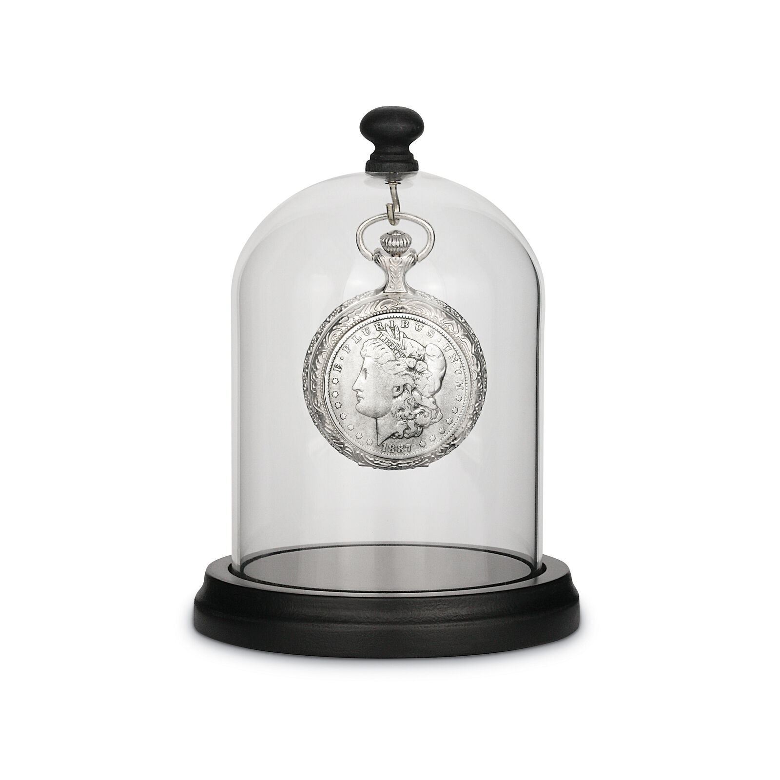 Glassed Dome with Pine Wood Base 1800's Morgan Silver Dollar Coin Pocket Watch