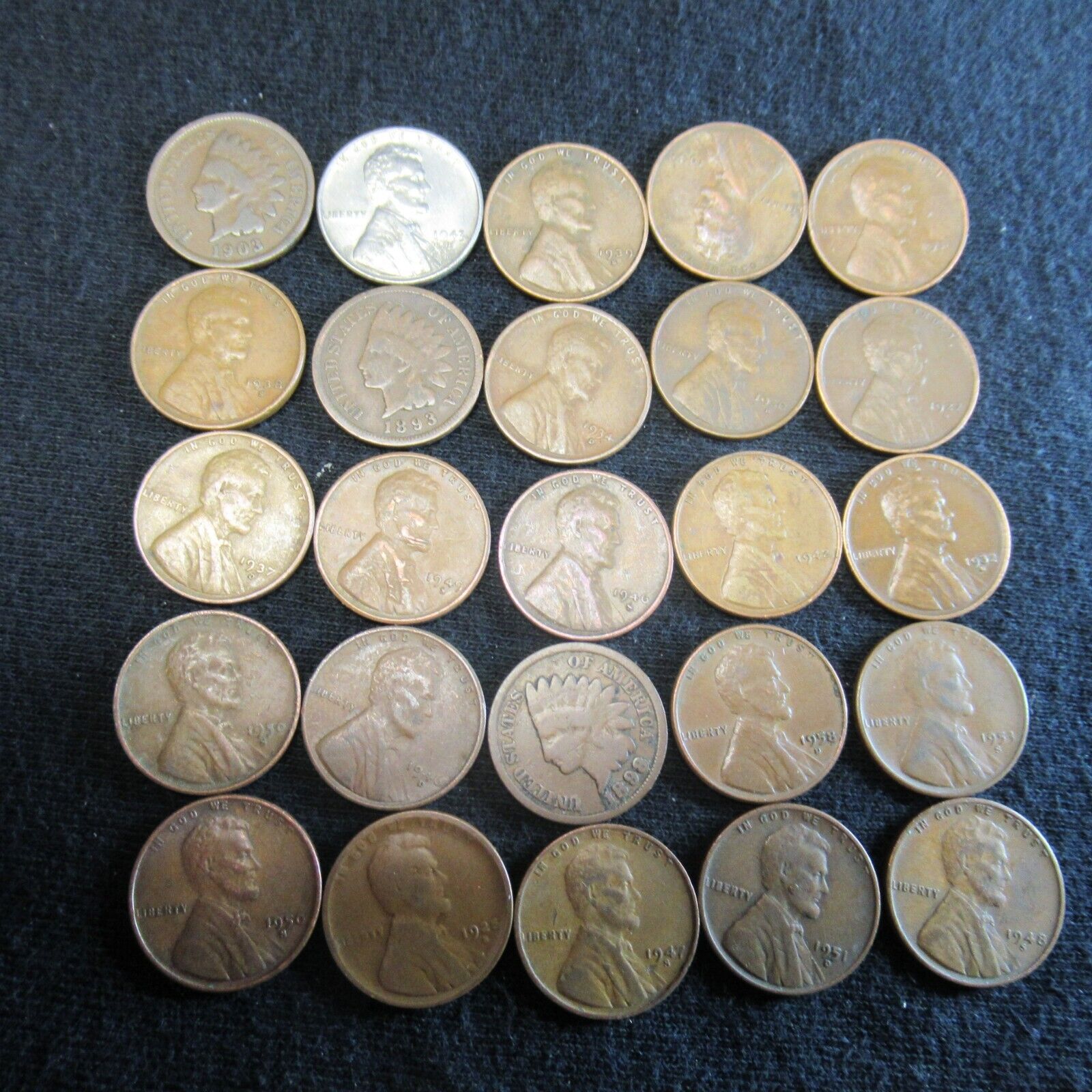 WHEAT AND INDIAN HEAD PENNY ROLL LOT 1800's-1900's P.D.S. MINTS 50 COINS