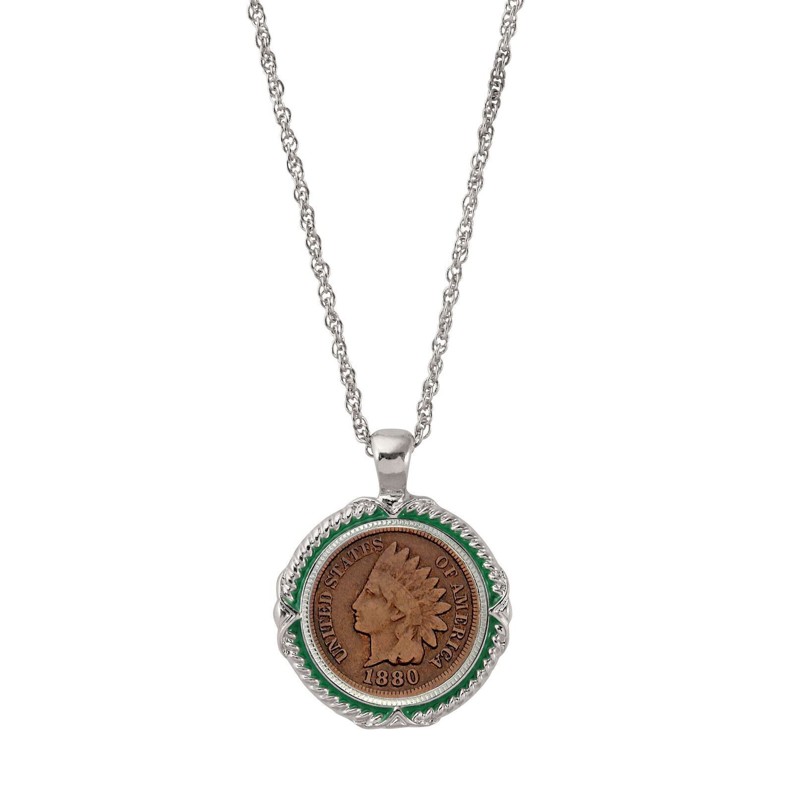 NEW  1800's Indian Head Penny Green Enamel Coin Pendant Necklace