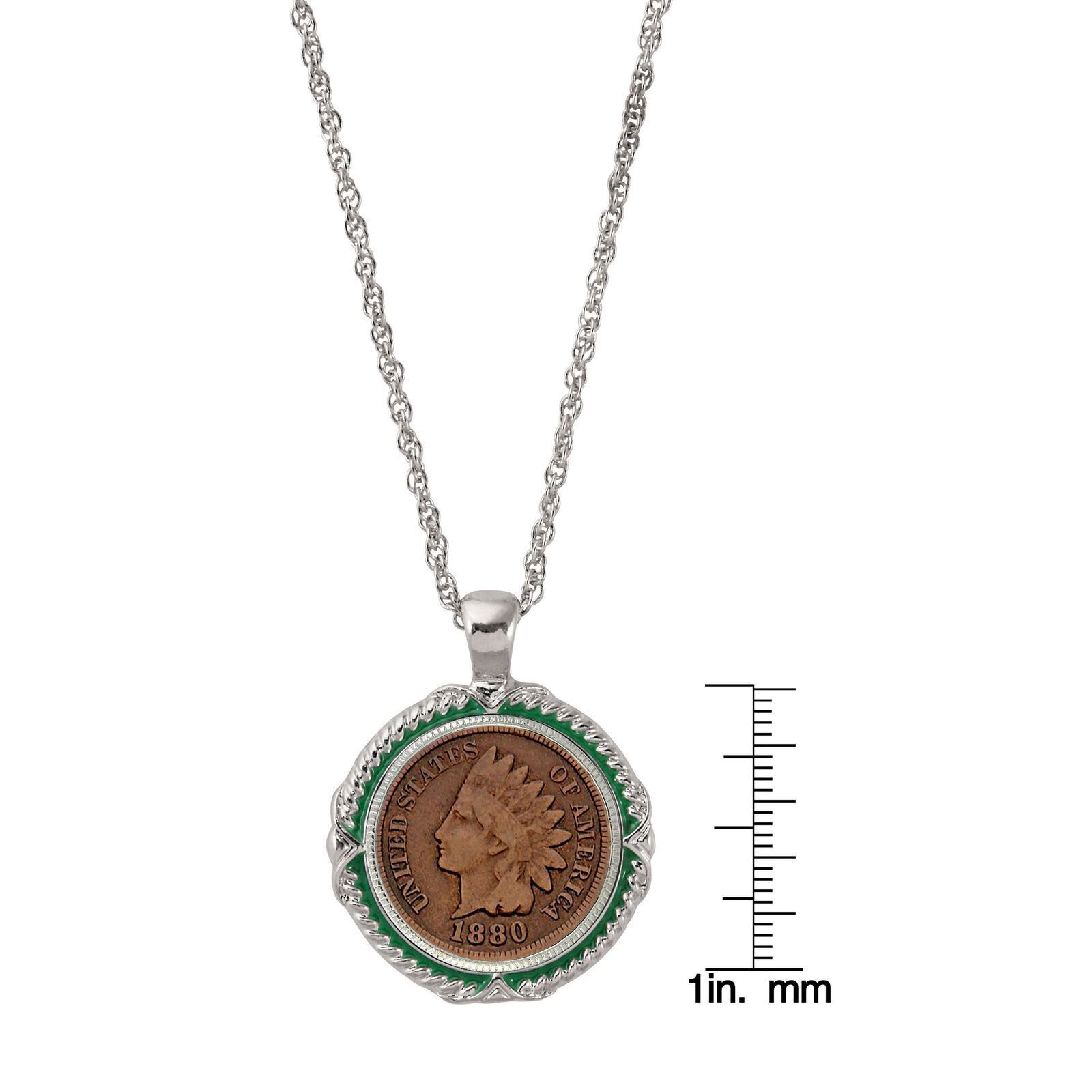 NEW  1800's Indian Head Penny Green Enamel Coin Pendant Necklace