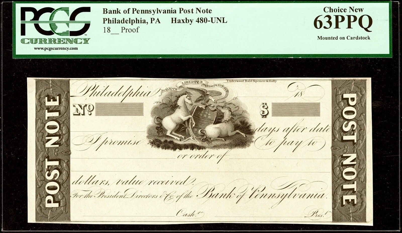Proof 1800’s PA Philadelphia Bank of Pennsylvania Post Note PCGS Choice 63PPQ