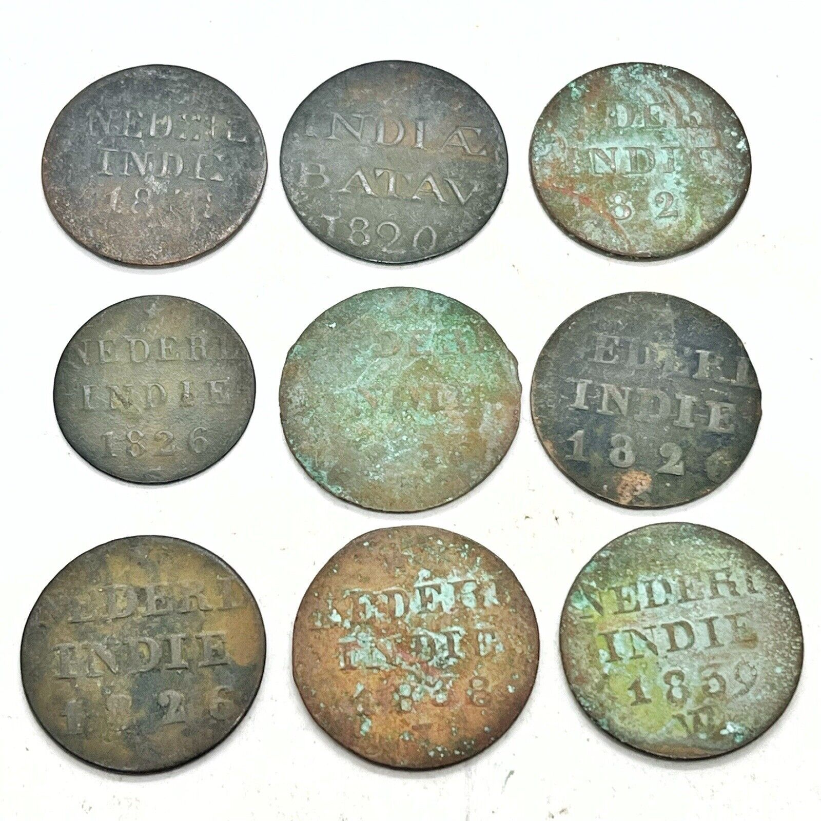 9x - 1800’s Authentic Copper Duit Shipwreck Coin East India Co Indonesia Dutch A