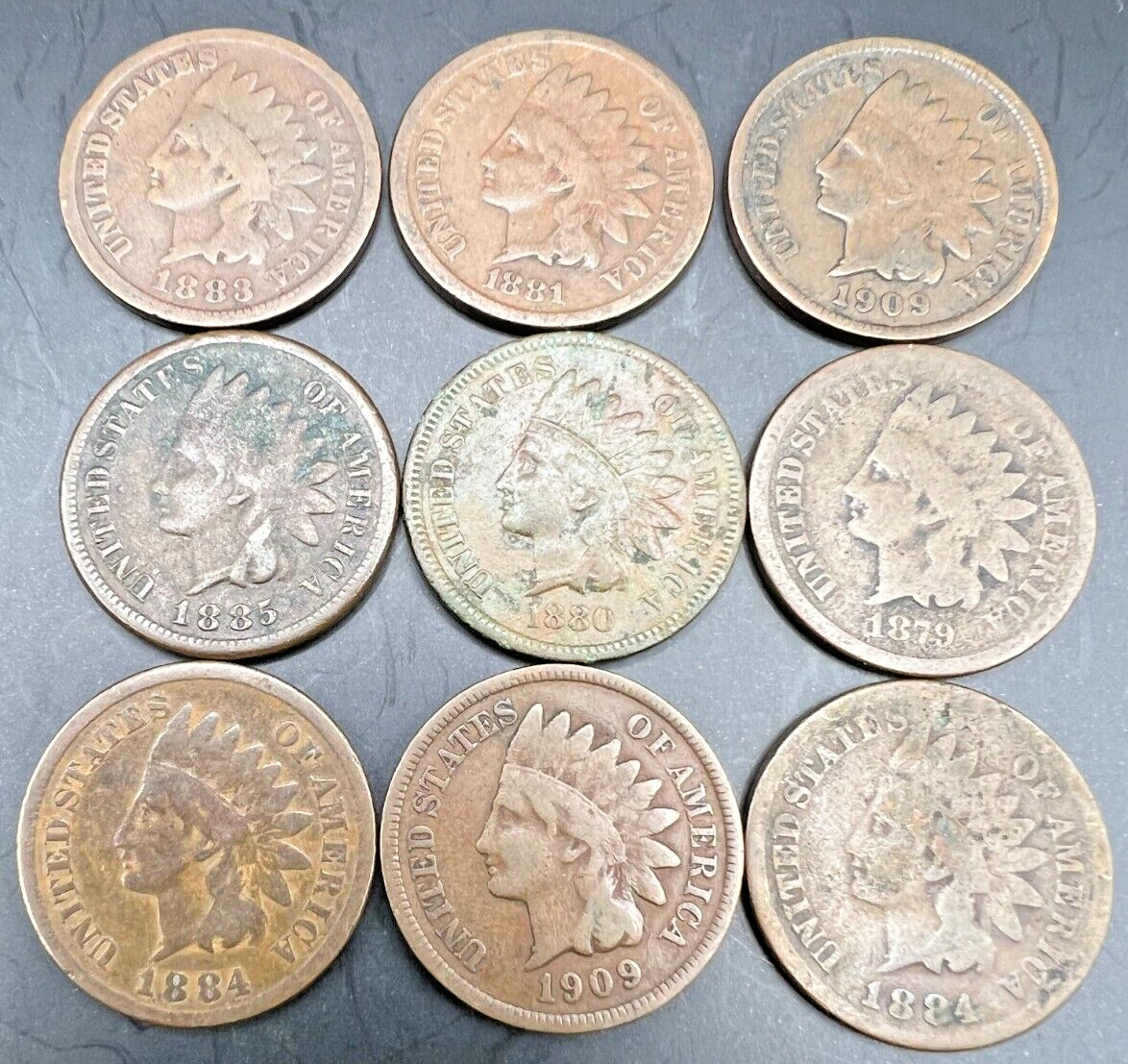 INDIAN HEAD CENT LOT PENNY COINS, Lot of 9, all better old dates, 1800's