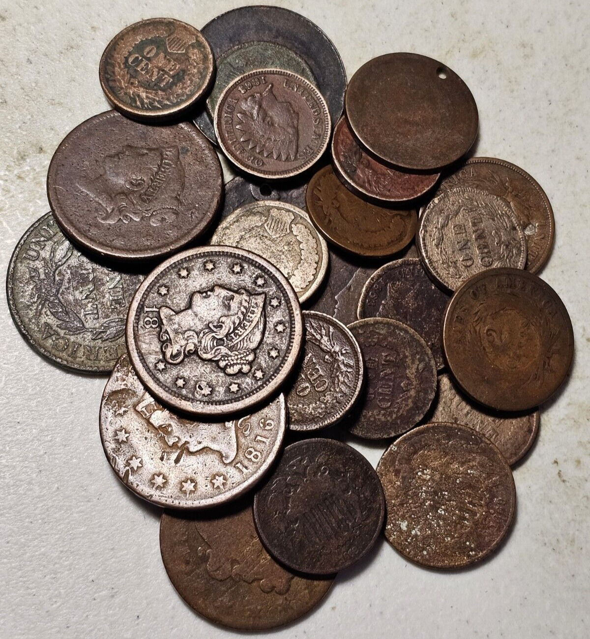 Lot of 25 US Type Coins 1800's Culls Copper Large Cents Indian 1C 2C A628
